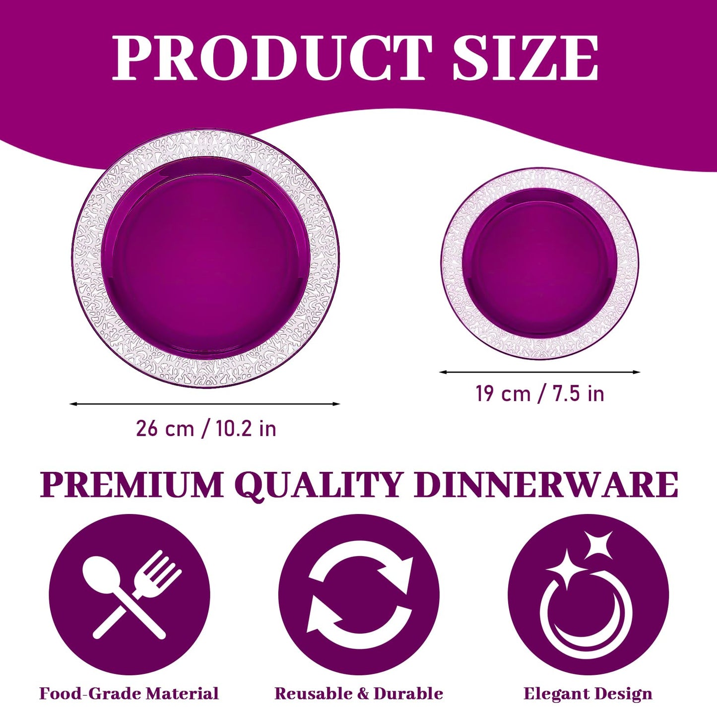 100Pcs Purple Silver Plastic Plates, Disposable Party Plates with Silver Lace, Heavy Duty Fancy Wedding Party Supplies Include 50 Dinner Plates 10.25" and 50 Dessert Appetizer Plates 7.5"