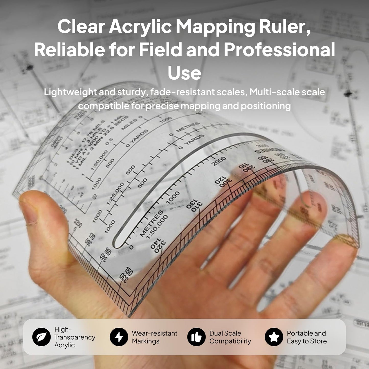 DYNWAVE Square Protractor Ruler Easy Carry Map Reading Compact Lightweight Acrylic 1:25,000 1:50,000 for Architects Engineering Measuring Map Tool