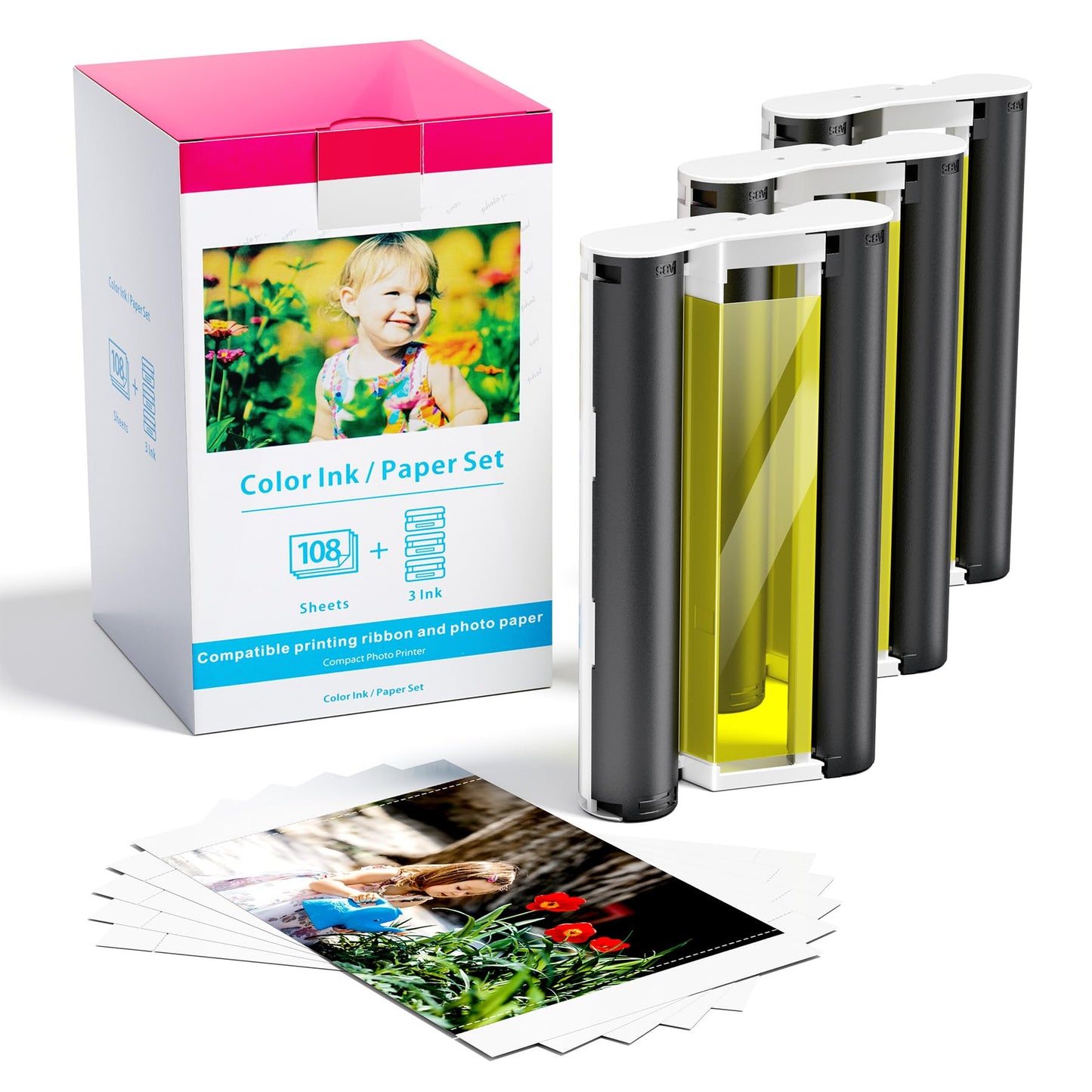 Compatible Canon Selphy CP1300 CP1500 Paper and Ink, KP-108IN 3 Color Ink Cartridges and 108 Sheets 4" x 6" Photo Paper for Canon Selphy Cp1000 CP1200 CP900 CP910 CP800 CP760 Photo Printer