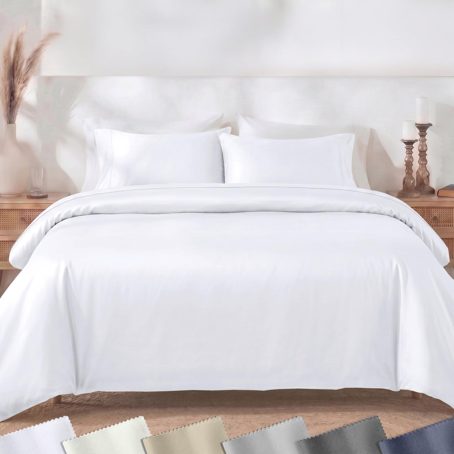 California Design Den 3-Pc Queen Size Duvet Cover Set, 400 Thread Count Sateen 100% Cotton Comforter Cover and Two Pillow Shams Bedding Set, Button Closure, Corner Ties (White, Queen)