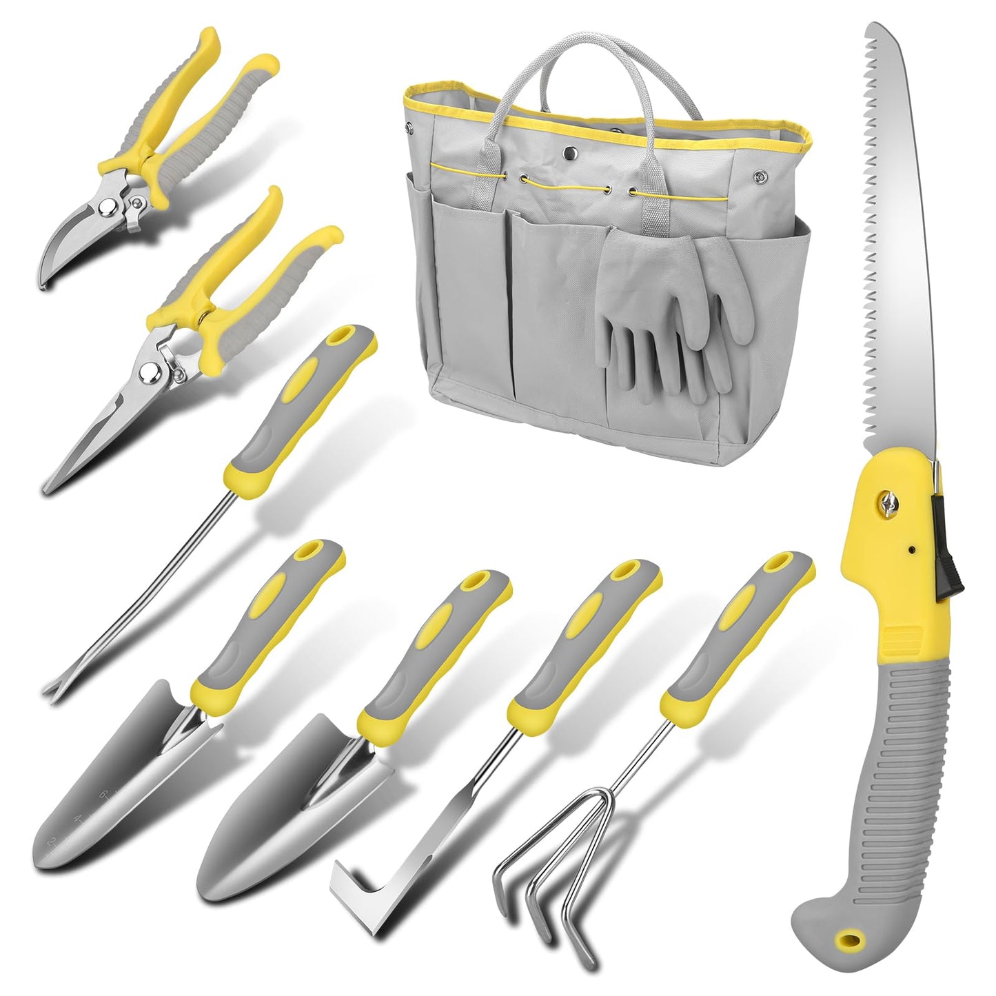 Blumway Garden Tool Sets, 10 Piece Stainless Steel Heavy Duty DIY Gardening Tool Set, for Planting Gardening Use with Carry Bag Gloves, Ideal Garden Gifts for Women Men (Gray)