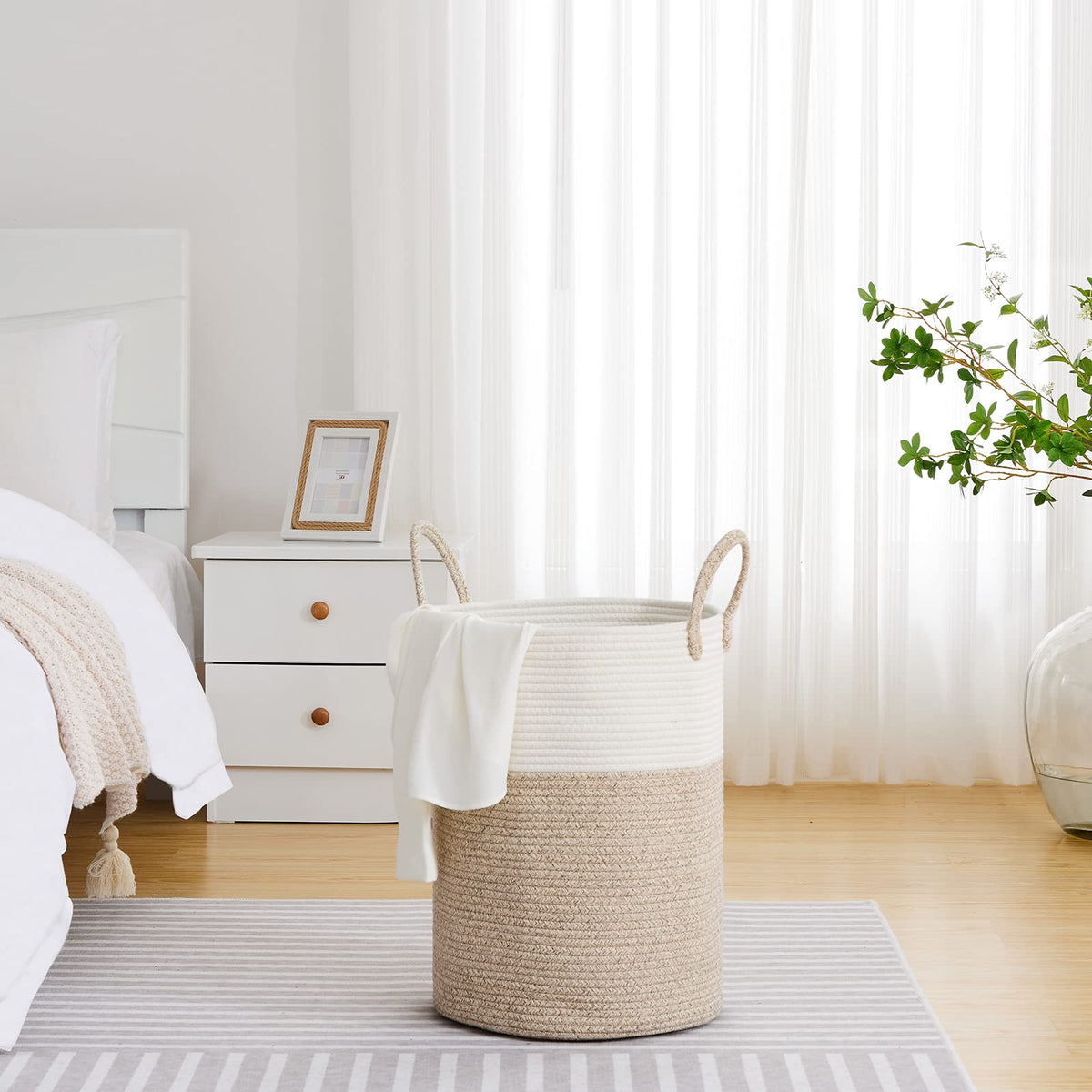 VIPOSCO 58L Tall Laundry Hamper, Woven Basket for Living Room, White Brown