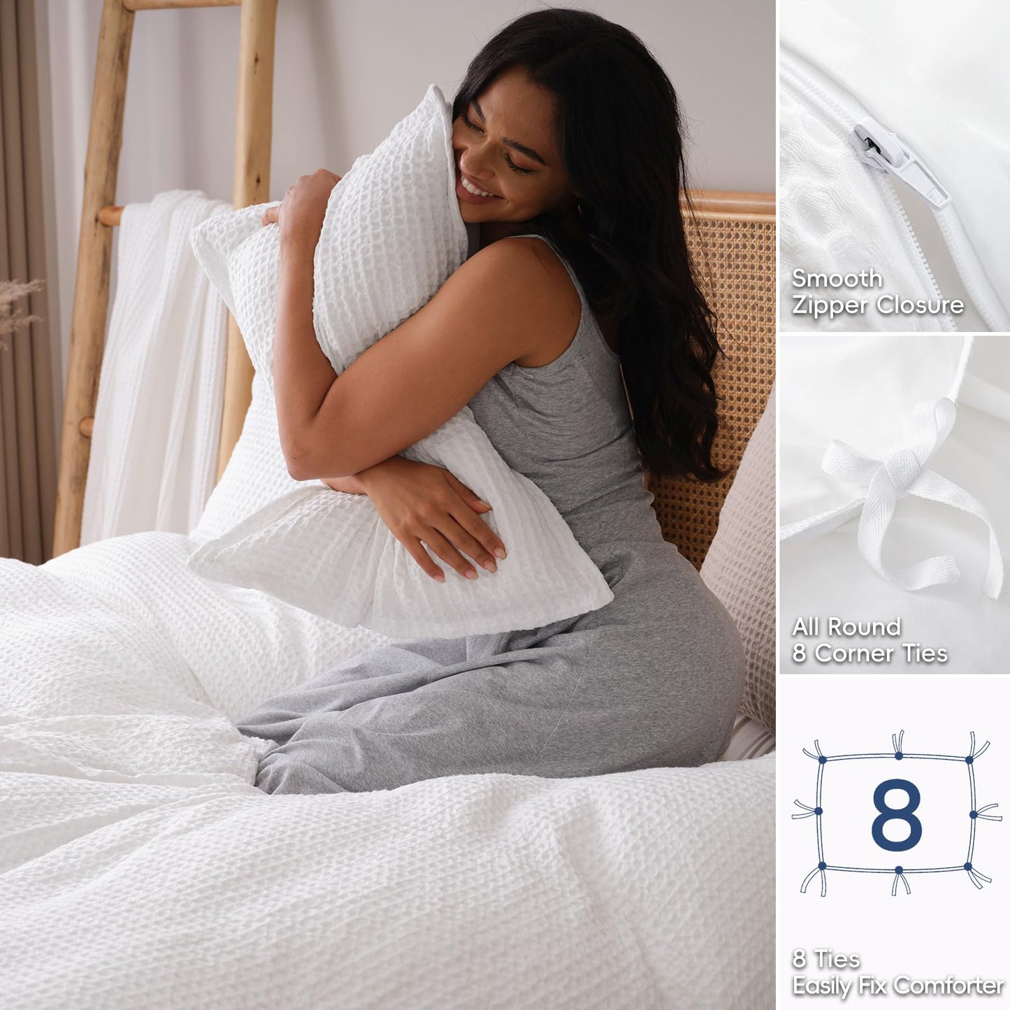 David's Home Waffle Weave Duvet Cover Set King Size,Soft Breathable 3pcs Comforter Cover Set with 2 Pillowcases,Textured Home Decor Bedding Set Cozy for All Seasons, White 104"×90",No Comforter