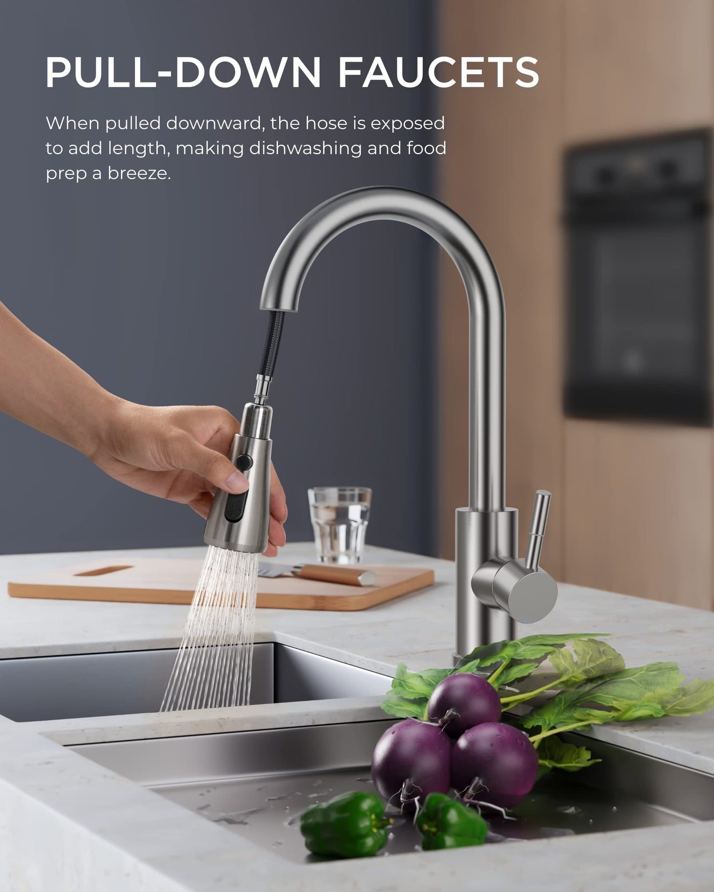FORIOUS Kitchen Faucet with Pull Down Sprayer, Brushed Nickel, High Arc Single Handle Classic Stainless Steel Kitchen Sink Faucet 1 or 3 Hole, Suitable for Farmhouse Camper Laundry Rv Bar
