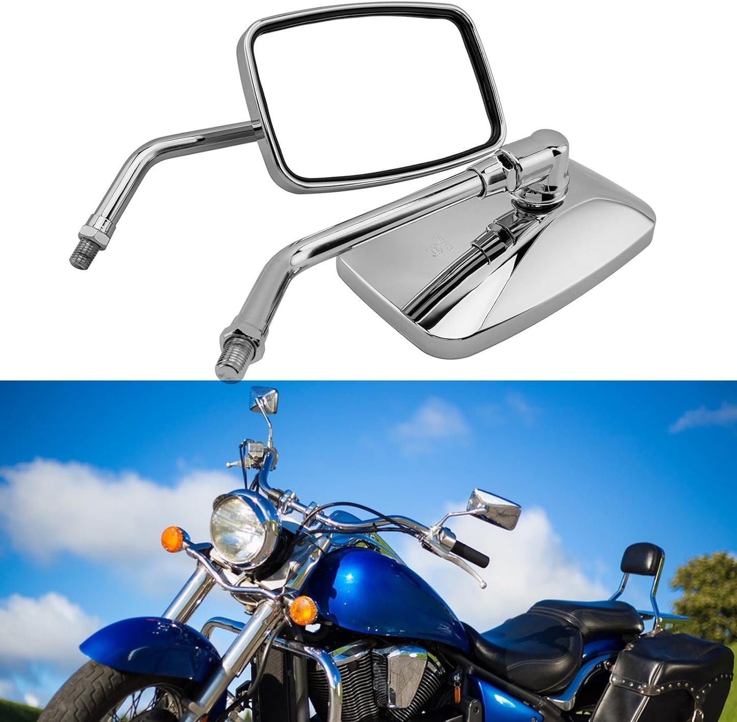 YOUNDERM 10MM Chrome Motorcycle Rectangle Handlebar Rearview Side Mirrors for Honda Sports Bike Suzuki Cruiser Scooter Aprilia Street Bike