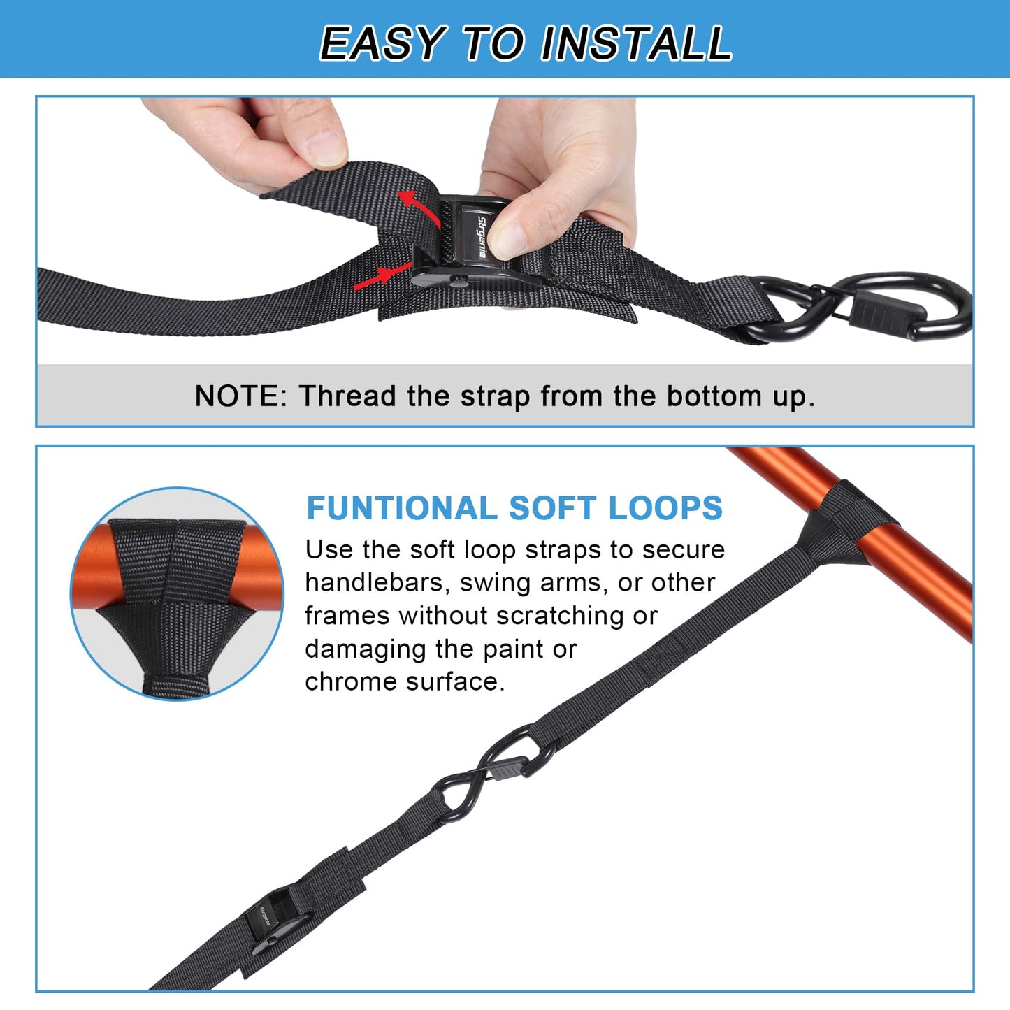 Strgenie Cam Buckle tie Down Straps 6 Feet 1200lbs Break Strength, 4pcs Heavy Duty tie Down Straps with Hooks and Soft Loops for Motorcycle, Dirt Bike, Trucks, Kayak, Car