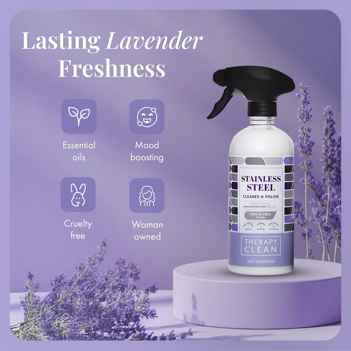 Therapy Stainless Steel Cleaner and Polish 100% USDA BioBased, Fingerprint and Residue Remover, Lavender Essential Oil Scent, Sink Cleaner, Grill Cleaner Spray