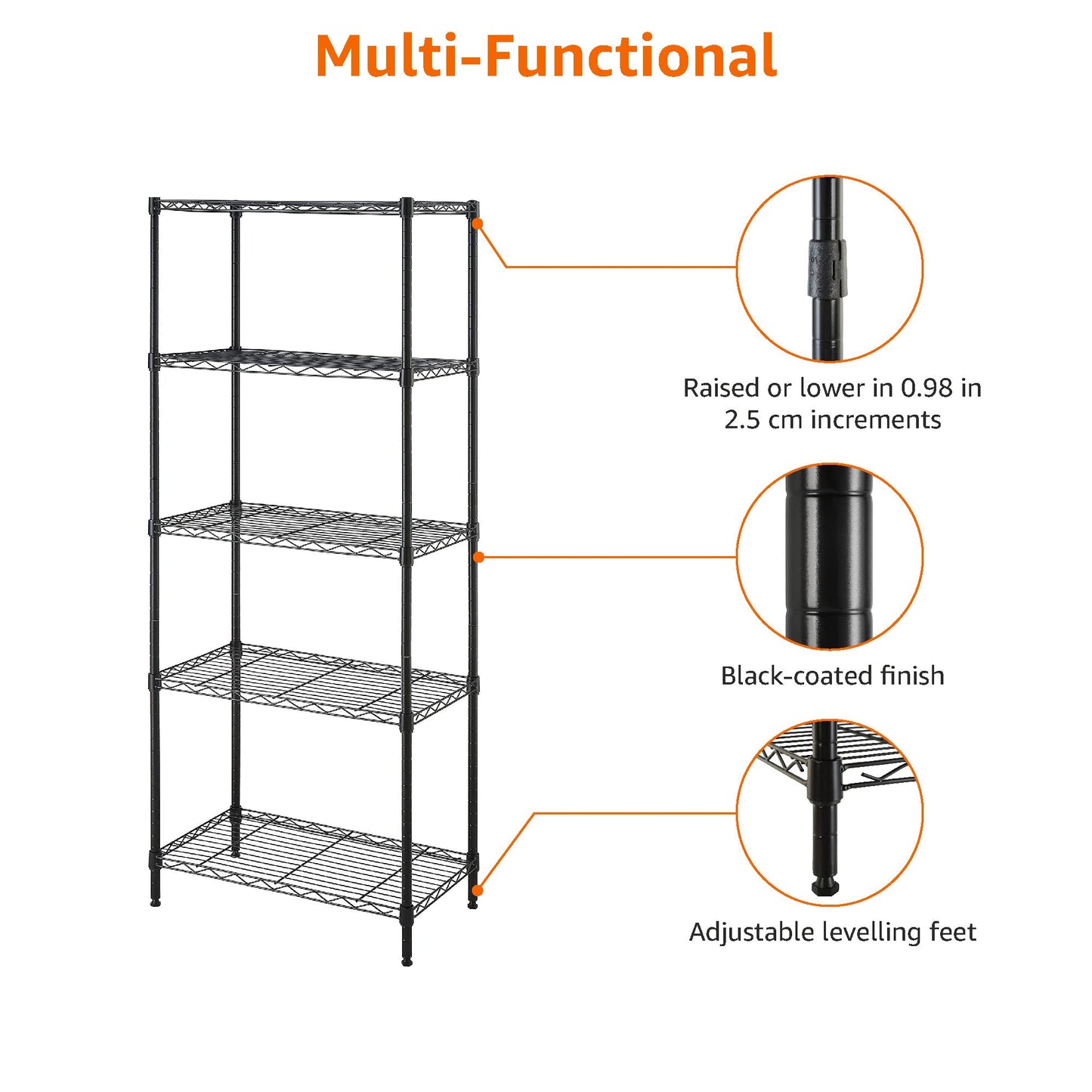 Amazon Basics 5-Shelf Multipurpose Adjustable Sturdy Steel Storage Shelving Unit, Easy Assembly, 34cm D x 59cm W x 152cm H, Black