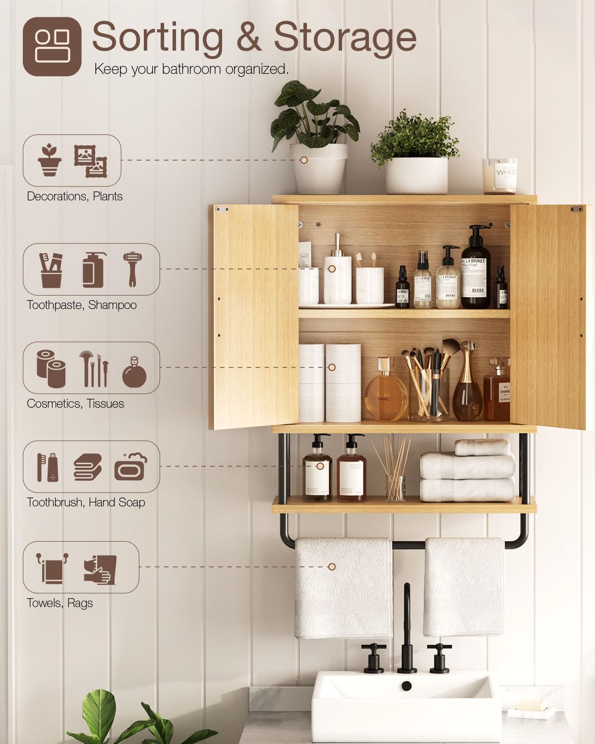 MIRICHY Bathroom Wall Cabinet, Fluted Medicine Cabinet Wall Mounted with 2 Doors & Shelf, Towel Rack Over The Toilet Storage for Bathroon, Kitchen, Bedroom & Laundry, Natural Small