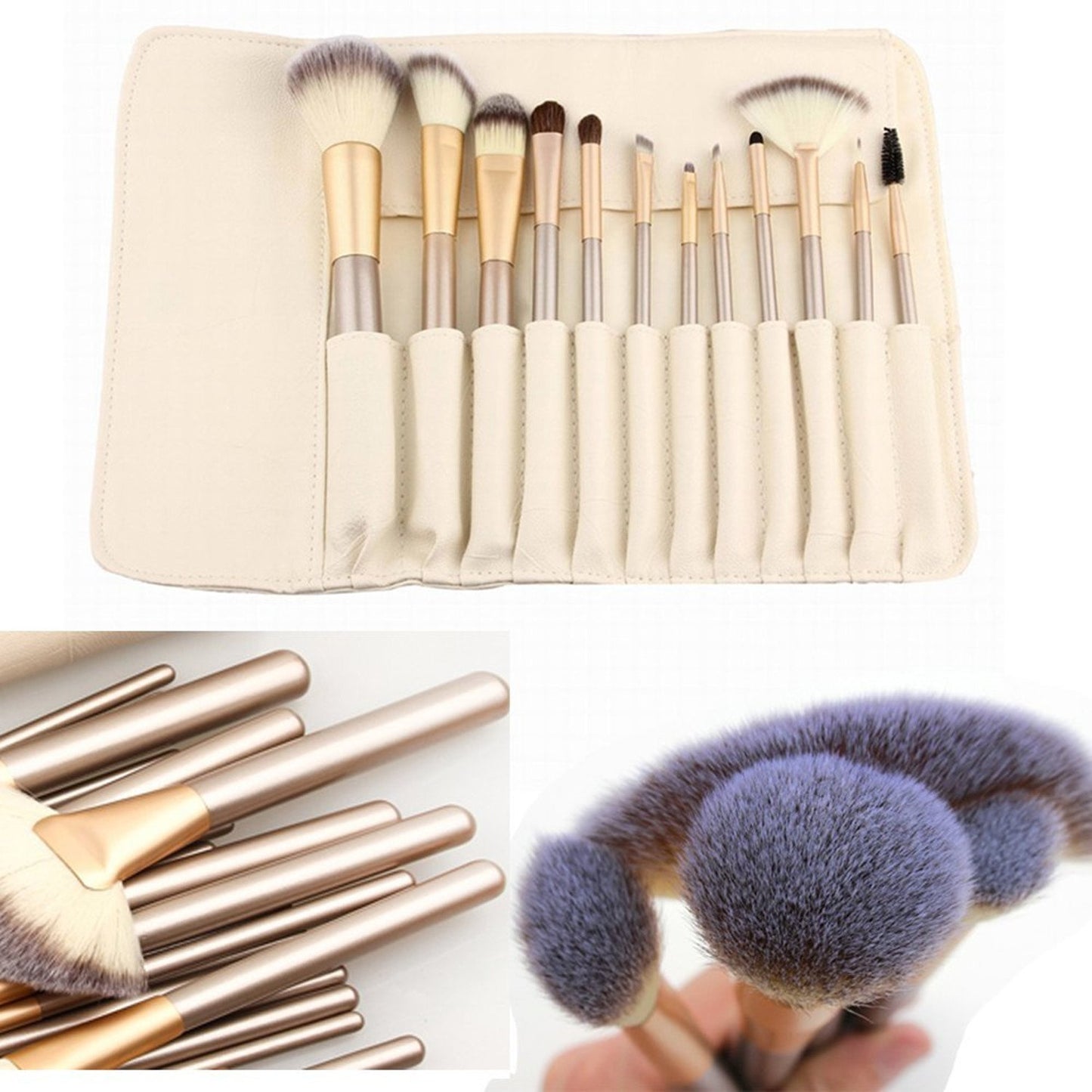 12 Piece Makeup Brushes Set | Horse Hair Professional Kabuki Makeup Brush Set Cosmetics Foundation Makeup Brushes Set Kits with White Cream-colored Case Bag by YOA
