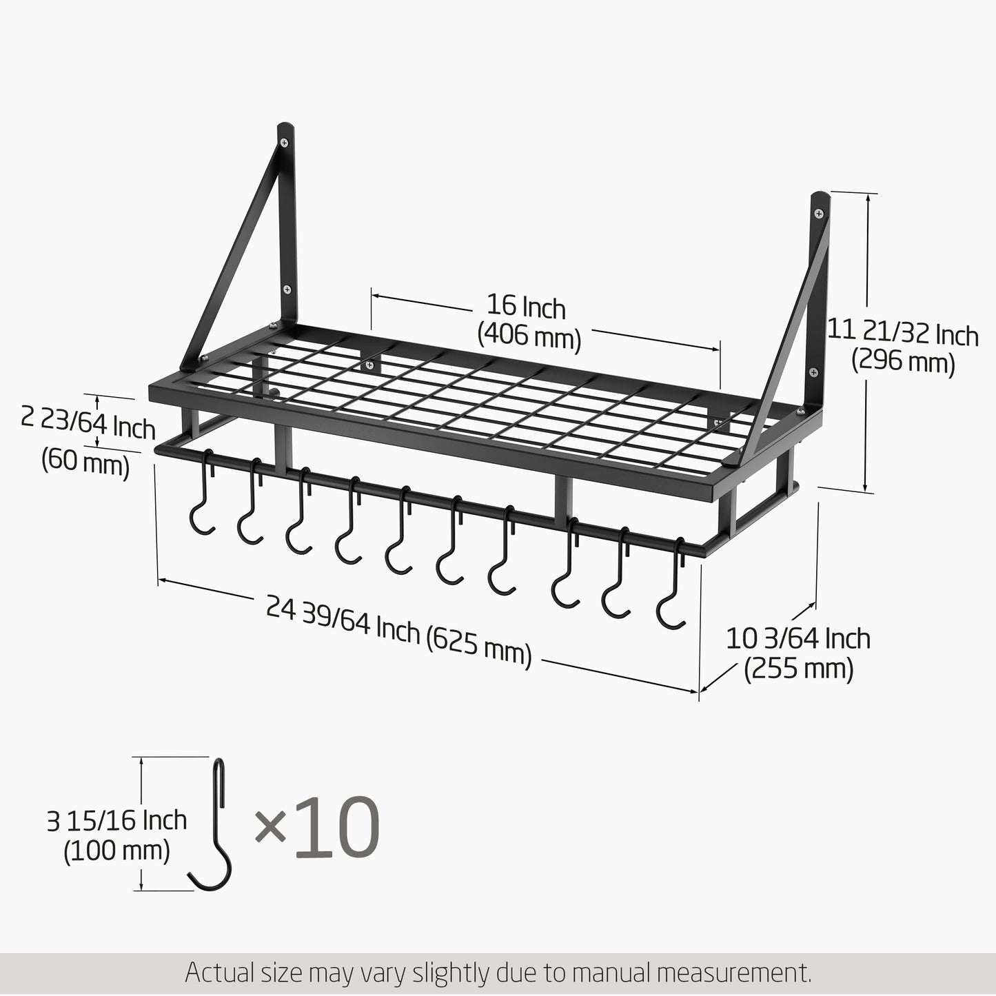 KES Pot Rack 24 Inches Kitchen Pot and Pan Organizer Rack Wall Pot Hangers With 10 Hooks Matte Black, KUR215S60-BK