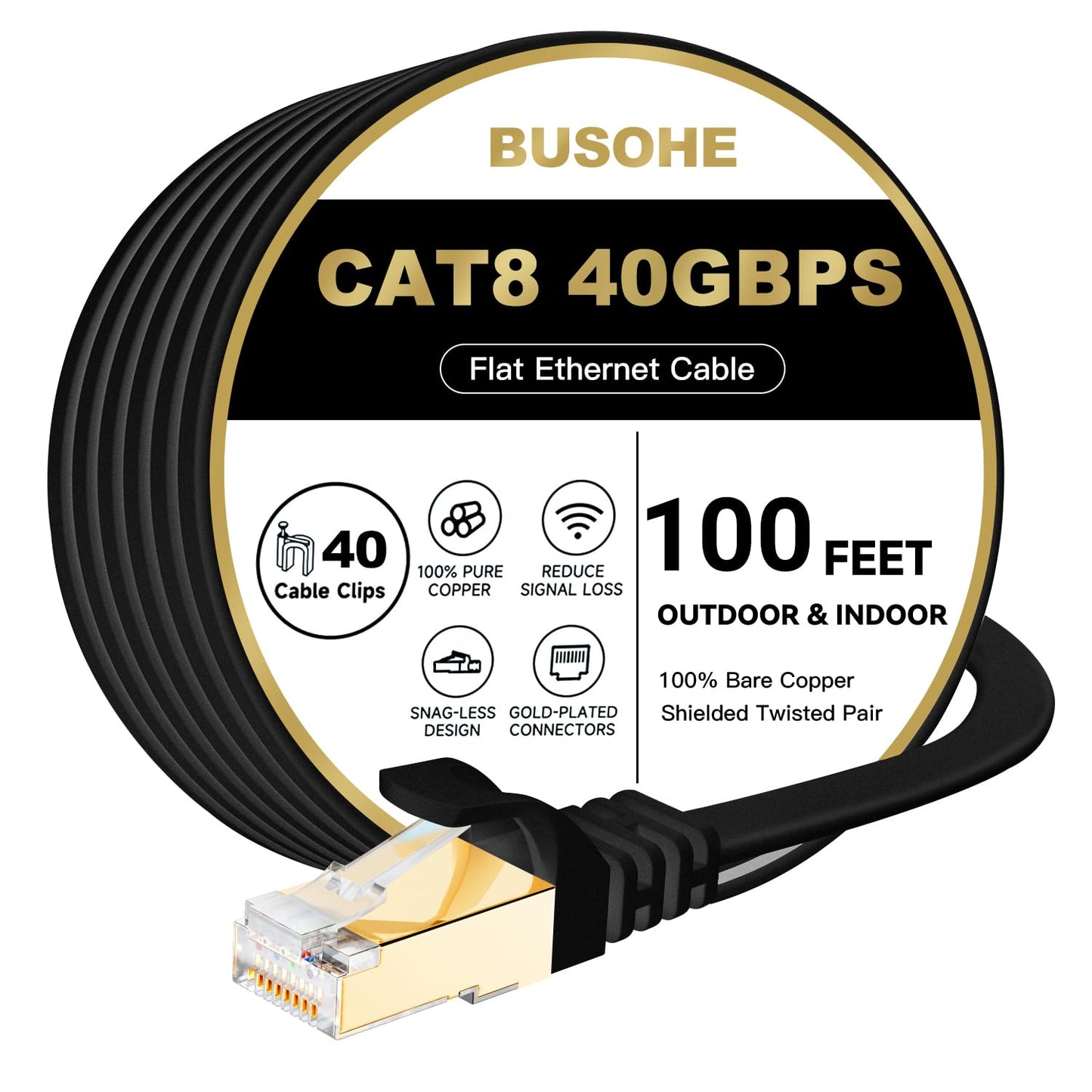 Cat 8 Ethernet Cable 100 FT, BUSOHE 40Gbps 2000MHz Cat8 High Speed Flat Internet Network Patch Cord, SFTP Shielded Lan Wire with Gold Plated RJ45 Connector, with Clips, for Outdoor Indoor- 100FT Black
