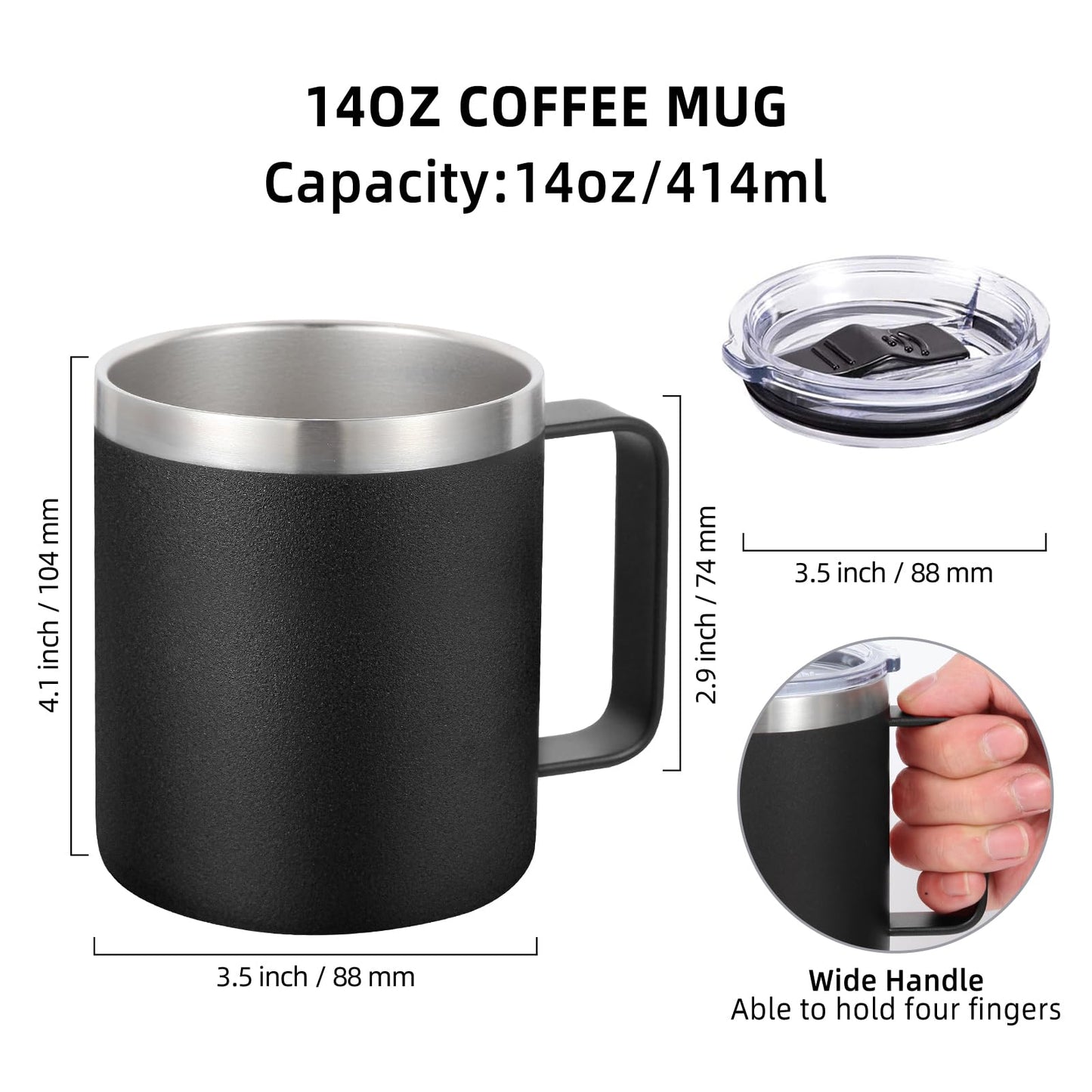 Volhoply 14oz Insulated Stainless Steel Coffee Mug with Lid Bulk 8 Pack,Double Wall Vacuum Travel Coffee Cup with Handle,Reusable Metal Cups Tumbler,Camping Mugs Keep Hot/Cold(Black,8)