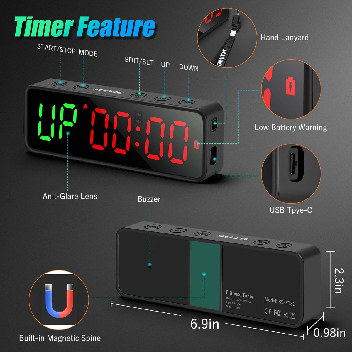Small Gym Timer Clock, Stopwatch, Workout Interval Timer with Built-in Powerful Magnet, Large LED Digital Display, Home Accessories Countdown Clock for Home Gym Garage Schools (Black) (Matte Black)