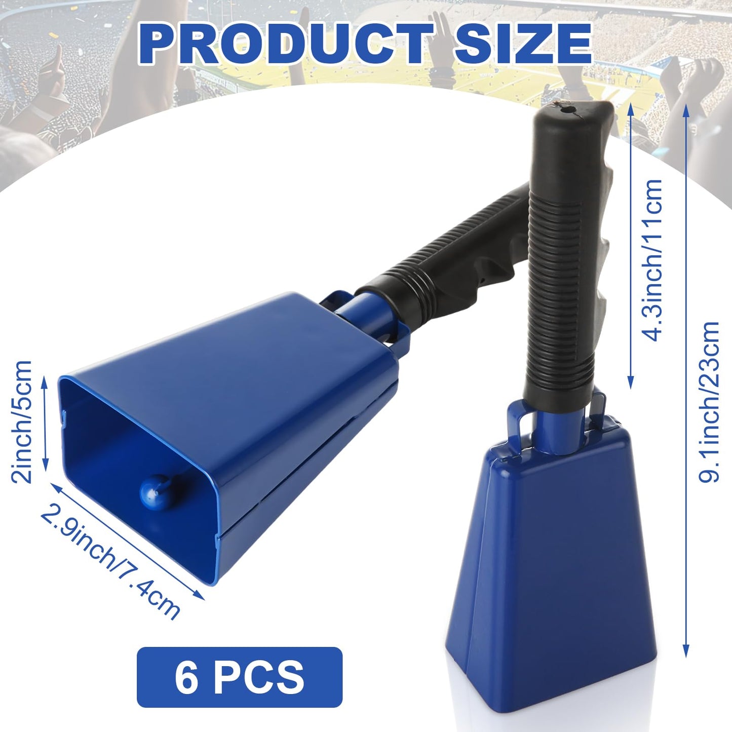 LOPYXBR 6 PCS Metal Cowbell with Handle 9 Inch Cow Bells for Sporting Events Blue Cow Bells Noise Makers for Sporting Events 9 Inch Cow Bell Musical Instrument for Football Games, Party, Farm