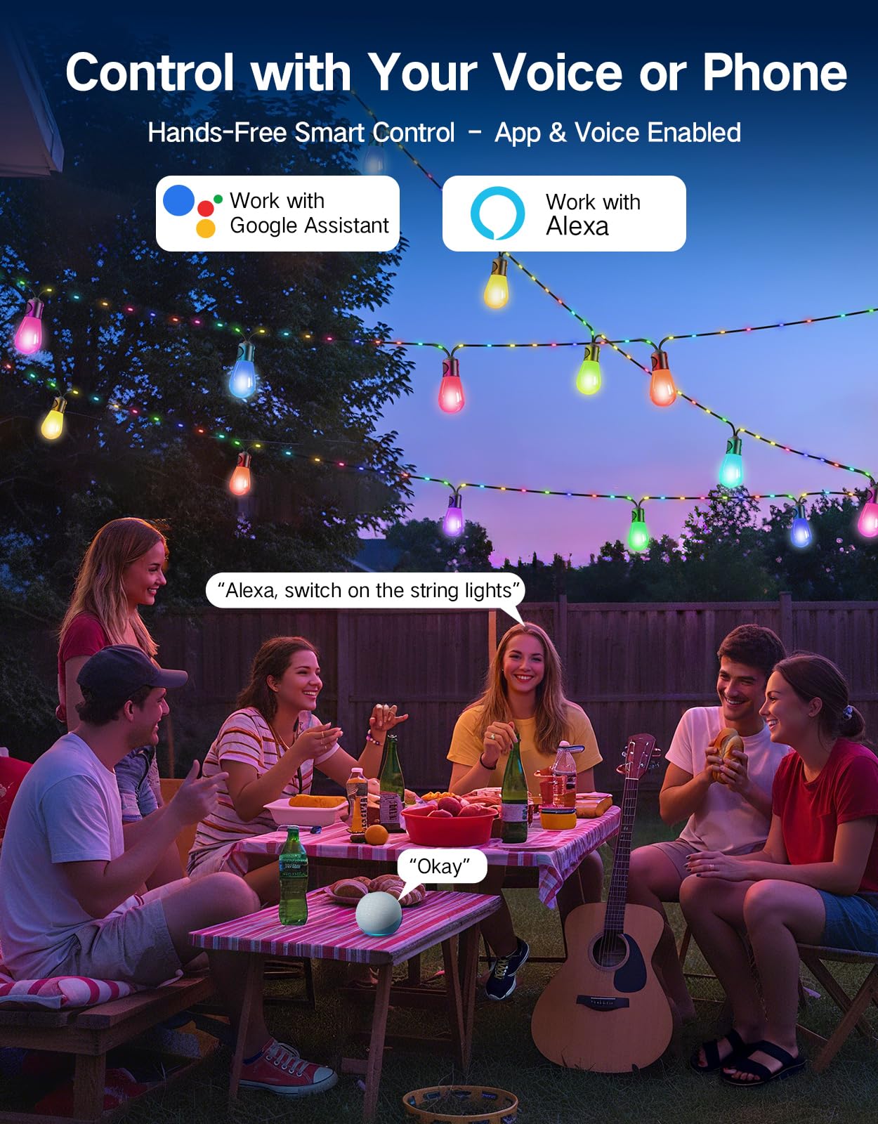 OUTON Outdoor String Lights, 46FT Smart AI RGB Patio Lights with Individual Bulb Control, APP Remote Voice Control, Works with Alexa and Google Assistant, IP65 Waterproof, Dimmable for Backyard Party