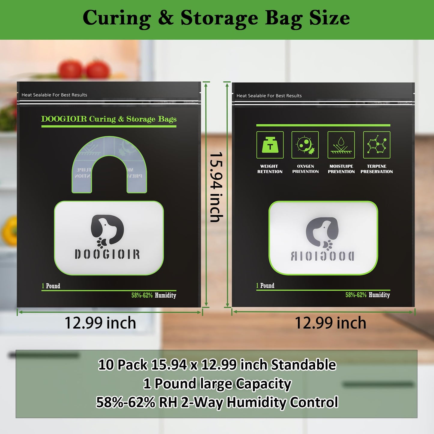 1 LB Curing & Storage Bags, Curing Bags for Food Storage, Double-Tracked Zip Closure Heat Sealable upright Cure Bags, Reusable Humidity Control Cure Bags (15.94 x 12.99 inch, 10 Pack)