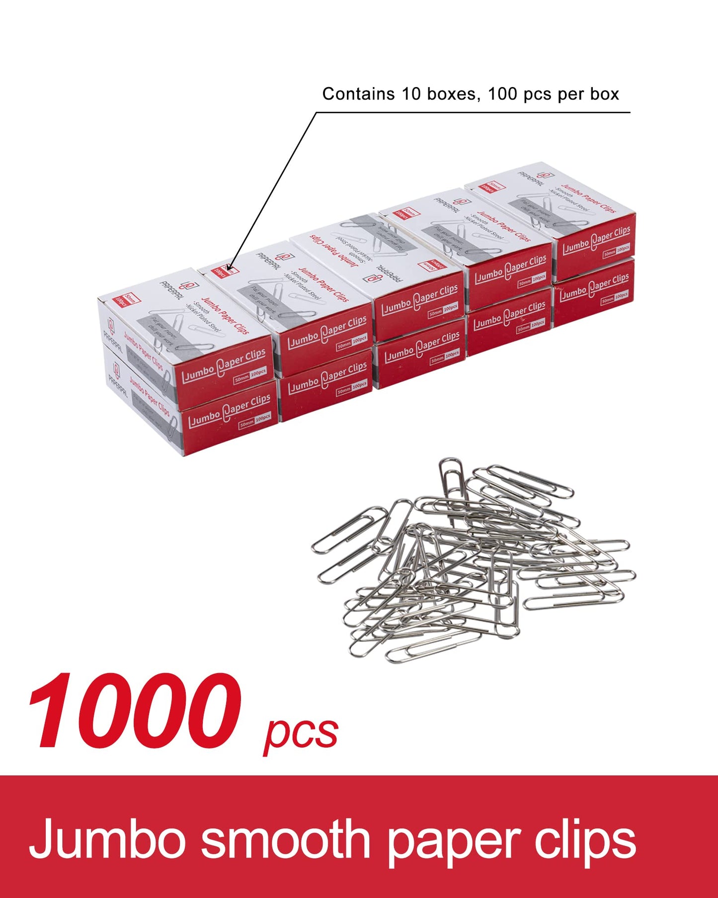 PAPERPAL Jumbo Paper Clips Smooth, 1000 Large Paperclips (10 Boxes of 100 Each), Bulk Paperclips for Office School & Personal Use, Daily DIY, 2" Silver Paper Clips Jumbo Size