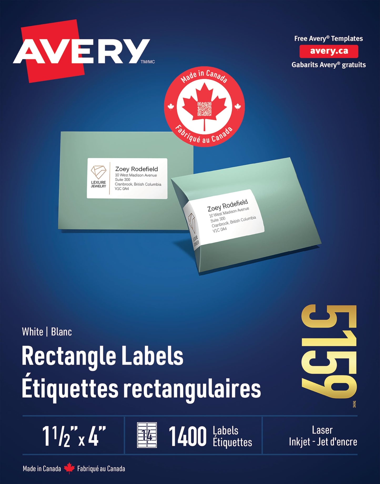 Avery White Rectangle Label, 1-1/2" x 4", for Laser/Inkjet Printers, Permanent Adhesive, Matte White Paper, 1400 Labels (5159), Made in Canada