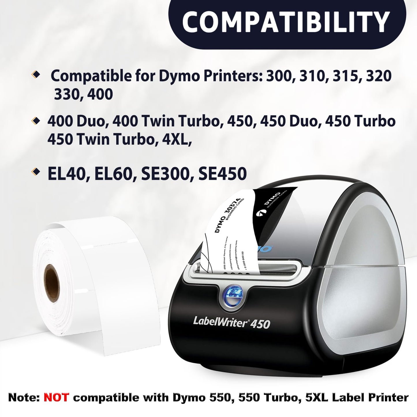 6 Roll (300 Labels/per) Compatible for Dymo 30374 White 2x3-1/2 Business/Appointment Cards Stock Non-Adhesive Label Printer Tape for LabelWriter 450, 450 Turbo, 4XL Printers [NOT FIT 550 & 5XL]