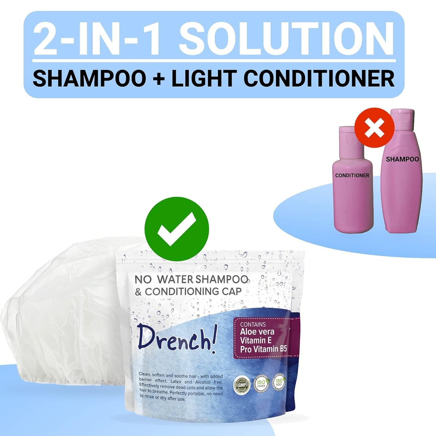 Drench No Water Rinse Free Shampoo Caps - Waterless Shampoo and Conditioner - Dry Hair Wash Caps for Elderly or Bedridden - Contains Aloe Vera, Vitamin E and Provitamin B5-6 Counts
