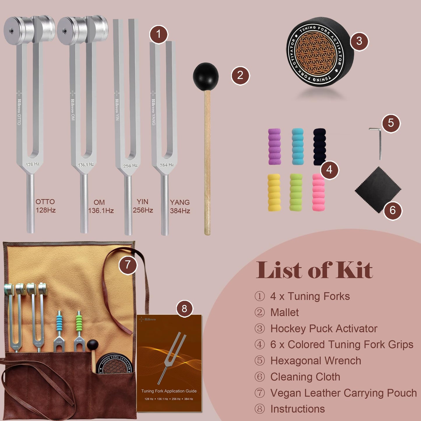 Tuning Forks for Healing Set (128Hz, 136.1Hz, 256Hz, 384Hz) with Activator & Reflex Hammer, Sound Therapy Instruments for Chakra/Yoga/Meditation, Frequency Healing Devices in Vegan Leather Pouch