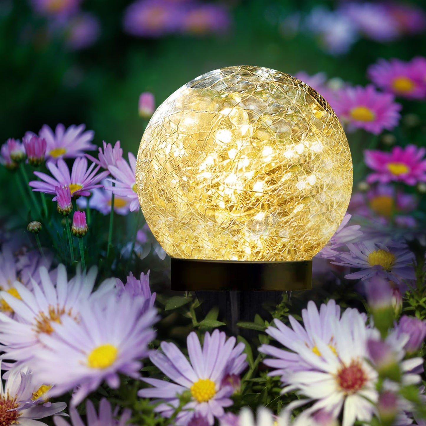 SyouHome Solar Garden Lights Outdoor Waterproof, 4 Pack 50 LEDs Cracked Glass Ball Light, Ground Landscape Garden Decor, Solar Globe Decorative for Pathway/Patio/Lawn/Yard (Warm White, 4.7")