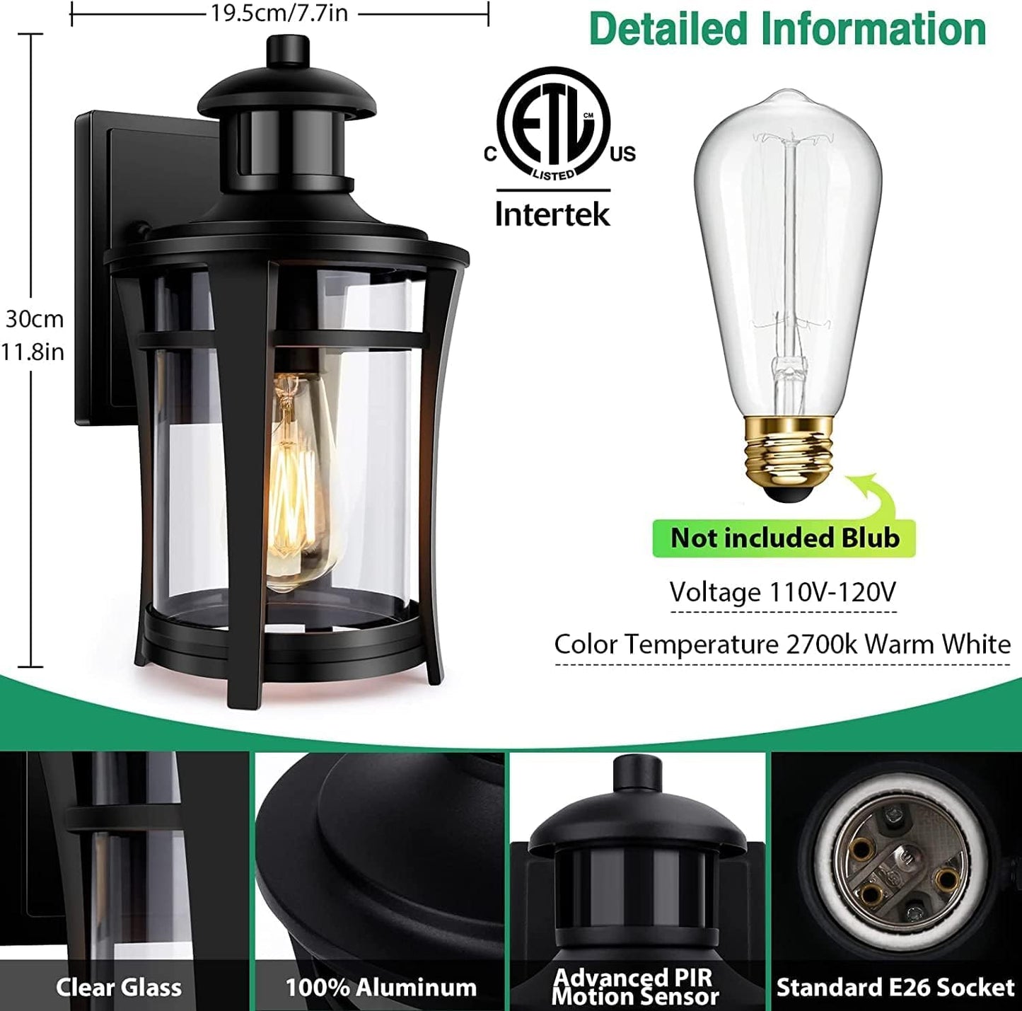 Lamomo Motion Sensor Light Outdoor, 3 Lighting Modes Exterior Porch Light Fixture, Dusk to Dawn Outdoor Wall Light, Waterproof Aluminum Anti-Rust Lantern for House Garage Entryway, Motion Activated