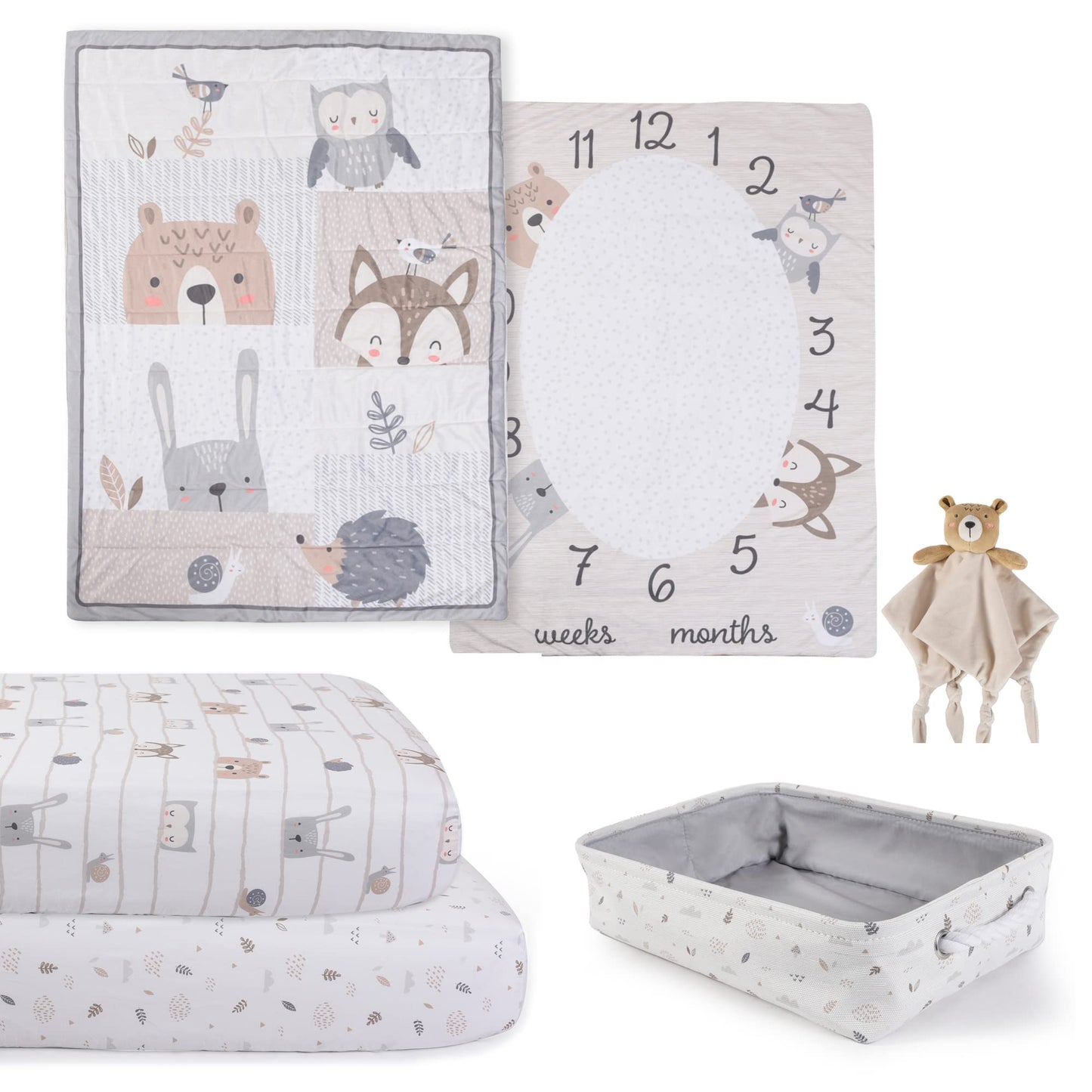 5 Piece Crib Bedding Set, Woodland EXPRESSIONS Includes Reversible Milestone Baby Blanket, 2 Standard Fitted Crib Sheets, Security Blanket & Storage Tote