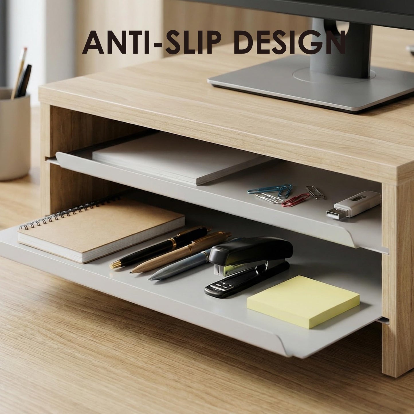 FENGE Monitor Stand, 3-Tier Monitor Riser with Slide-Out Tray, Wooden and Metal Desktop Organizer for Home Office, Computer, Laptop, Printer, Telephone,Oak