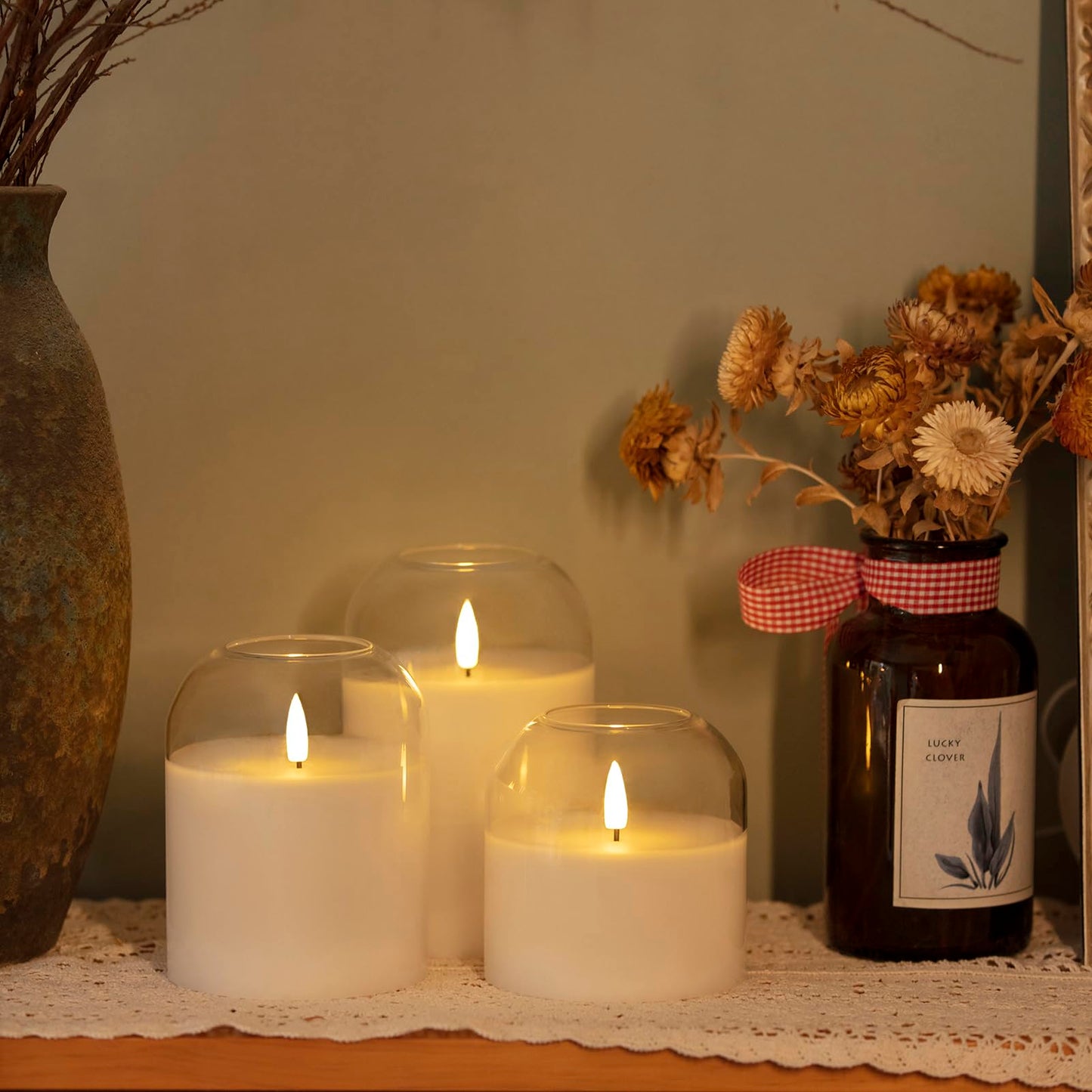 volnyus White Glass Flameless Candles Set of 3 (Φ 4" H 4" 5" 6") with Remote Battery Operated Flickering LED Pillar Candles Real Wax 3D Wick