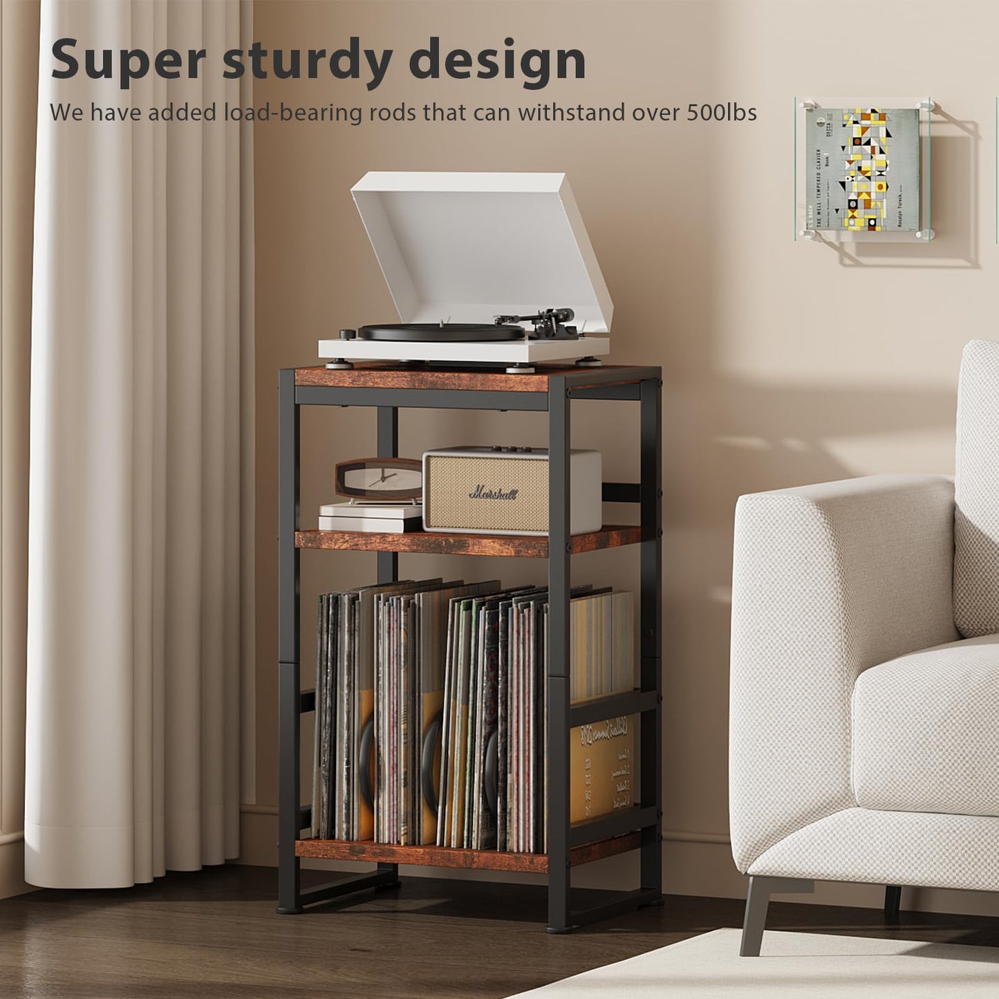 ZEXVIDA 3-Tier Vinyl Record Player Stand, End Table for Album Storage, 28" H Record Player Stand with Storage Up to 120 Albums, Side Table for Living Room Bedroom