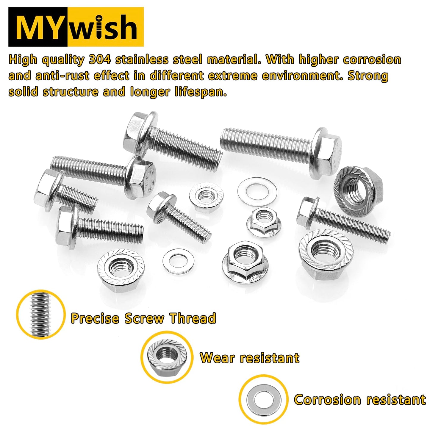 M6 Bolt, 224Pcs M6 x 12/16/20/25/30mm, M6x1.0 Bolt, Flanged Hex Head Bolts with Flange Nuts Washers, 304 Stainless Steel Screws, Metric Assortment, DIN 6921 by Mywish