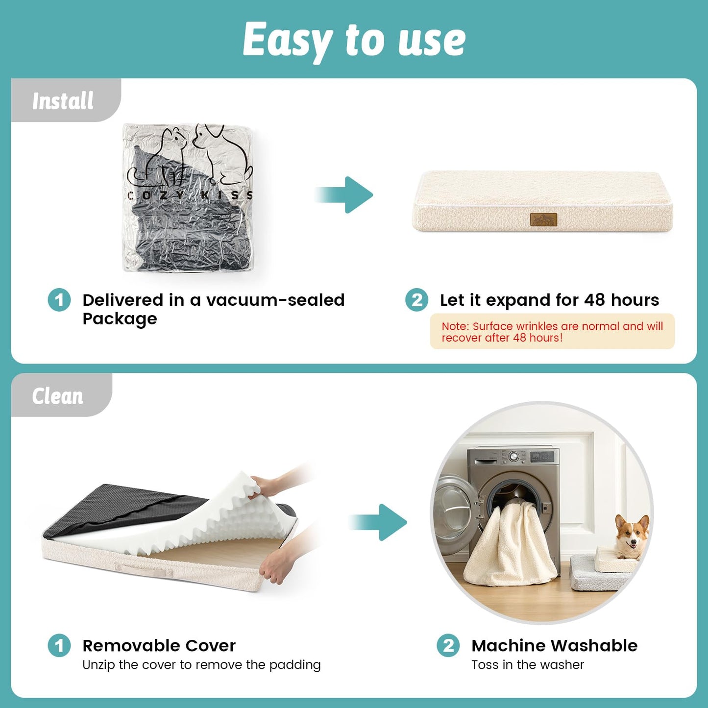 COZY KISS Big Dog Bed for Giant Dogs, Rectangular XXL Orthopedic Dog Beds Extra Large, Foam Anti-Slip Bottom Pet Mat with Washable Removable Cover, Suitable for Pet Up to 150 lbs, 54x44x4 inch, Beige