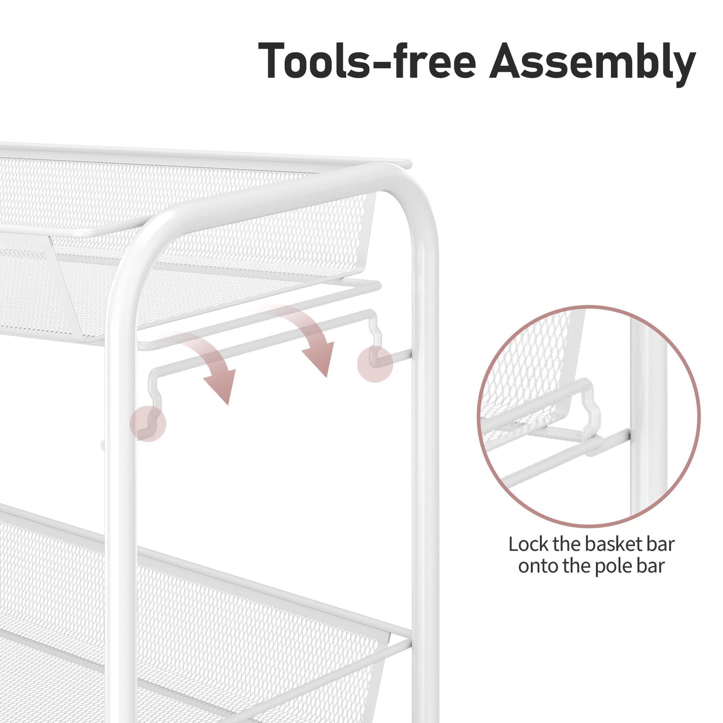 TOOLF 4-Tier Rolling Cart, Metal Utility Cart with 3 Hooks, Easy Assemble Mobile Storage Trolley On Wheels, Slide Out Shelving Units Kitchen Bathroom Laundry Room