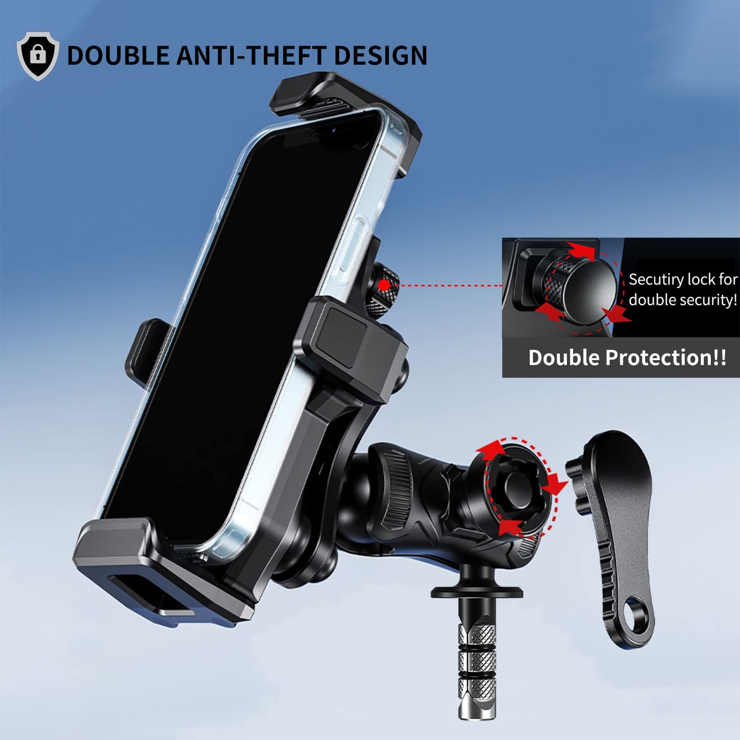 iMESTOU Motorcycle Fork Stem Phone Mount, Anti-Vibration 1" Ball Phone Holder with Anti-Theft Double Socket Arm & Fork Base Suitable for BMW, Yamaha...Motorcycles, Fits for 4.7"-7.2" Cellphones