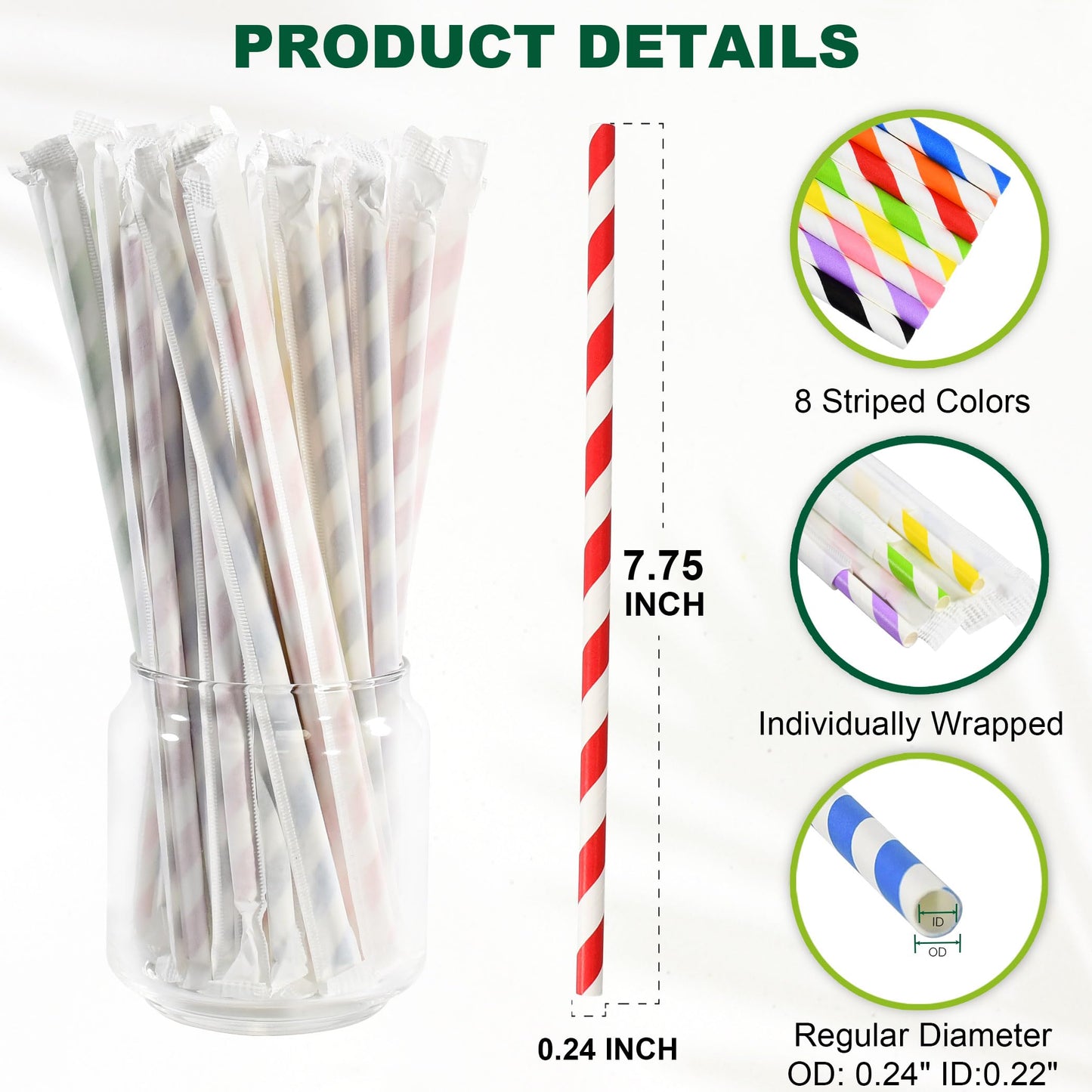 Chunspak Individually Wrapped Disposable Paper Drinking Straws 7.75'' x 0.24'' - Assorted Colors [400 Counts]