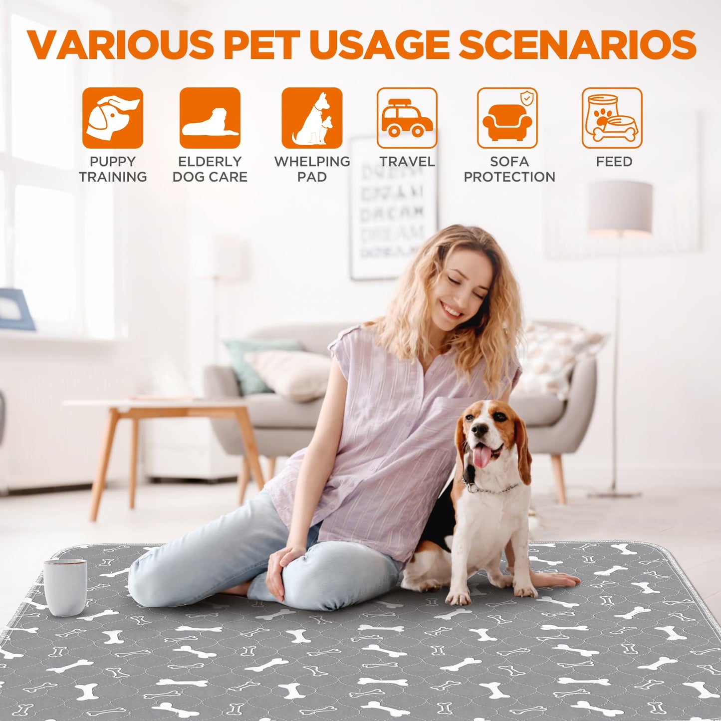 Baodan Washable Pee Pads for Dogs, 2 Pack Dog Pee Pads, Super Absorbent Puppy Pads, Anti-Slip & Reusable Puppy Pee Pads for Training, Incontinence, Playpen (Grey, 48*48Inch)