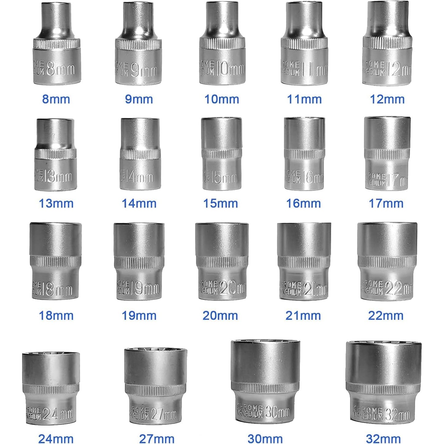 Spline Socket Set Metric, 1/2" Drive Universal Metric 8-32mm 12-Point Cr-V Socket Set (19pcs)