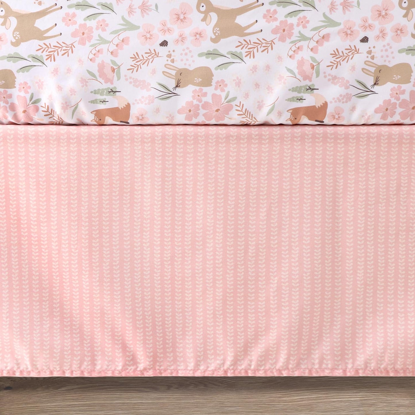 The Peanutshell 3 Piece Baby Crib Bedding Set for Girls - Newborn, Infant & Toddler Nursery Bed Set Decor with Fitted Crib Sheet, Dust Ruffle Comforter - Fairytale Forest