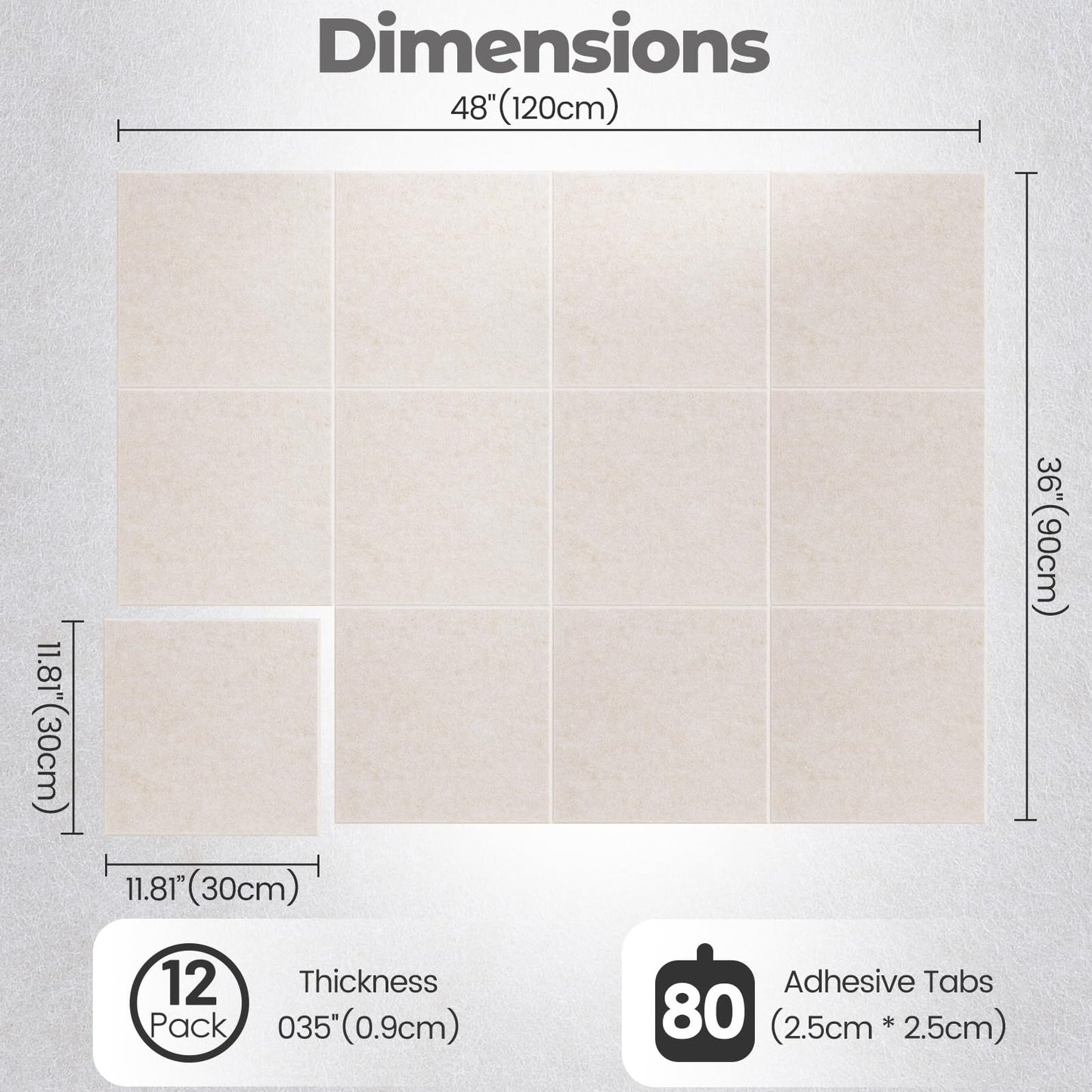 Large Felt Bulletin Board, 48" x 36" Cork Board Alternative 12 Pack Felt Wall Tiles Bulletin Board with 80 Safe Removable Adhesive Tabs, Wall Tiles Tack Push Pin Boards for Home Office Classroom