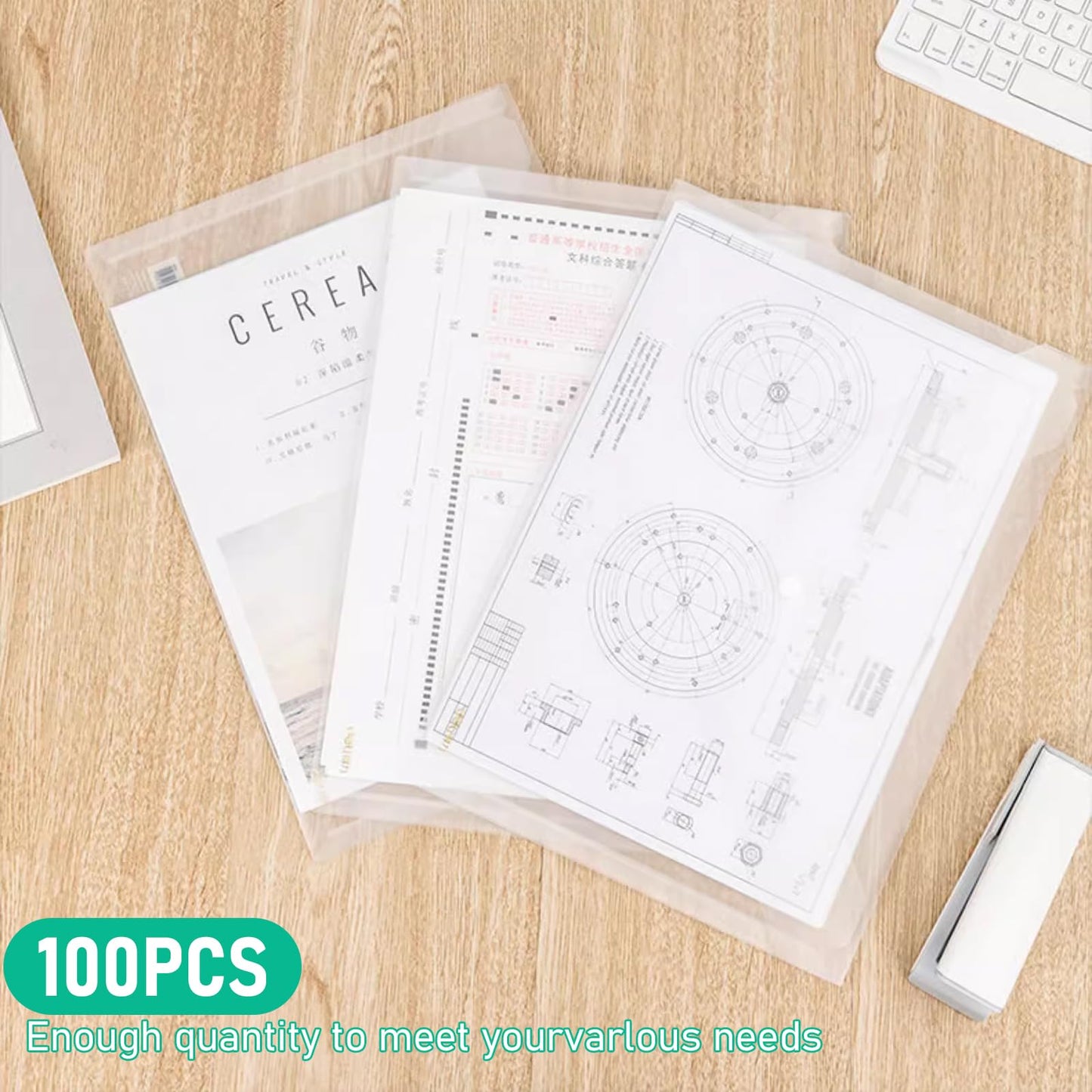 100 Pcs Clear Plastic File Folder,A4 Size Envelope Folder Poly Document with Snap Button Closure,Waterproof File Folders for School Home Office,11.5"x9.5"