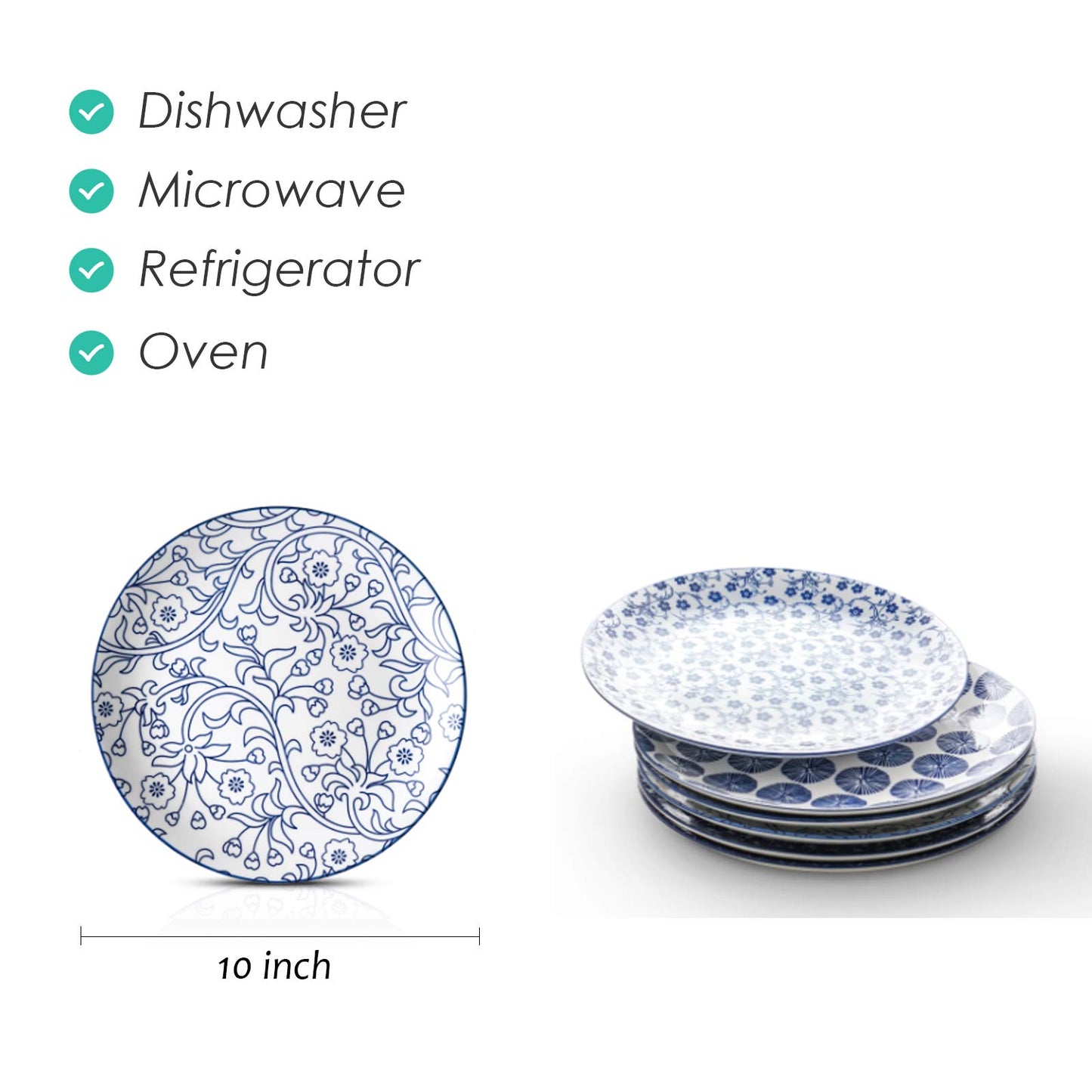 Selamica Plate Set, 26.5 cm Serving Plate, Cake Plate, Dessert Plates for Salad, Pancakes, Steak, Set of 6, Vintage Blue