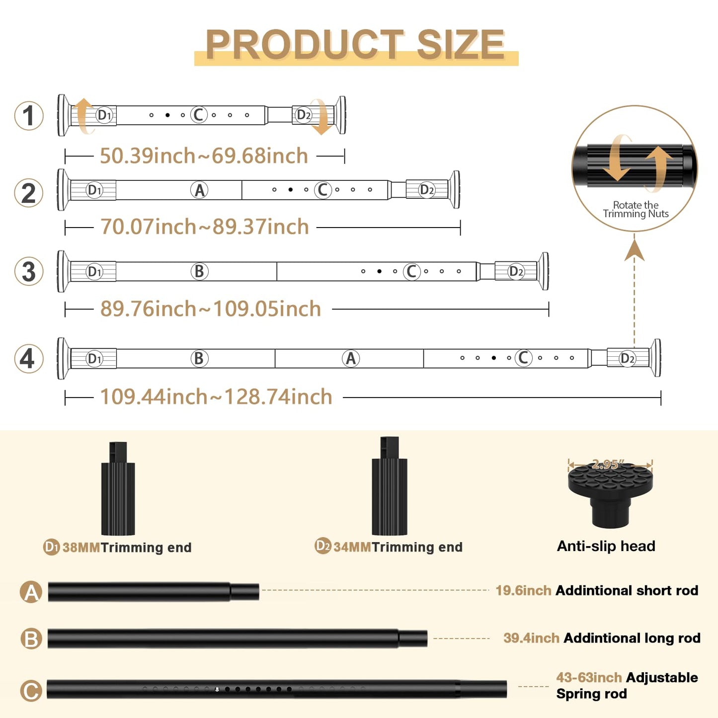 Zipglo Tension Curtain Rods 51-128 Inch Black, Adjustable Curtain Rod - No Drilling, Heavy Duty Spring Tension Extra Long Shower Rod for Bathroom, Window, Closet, Patio, Diameter 1.26 Inches