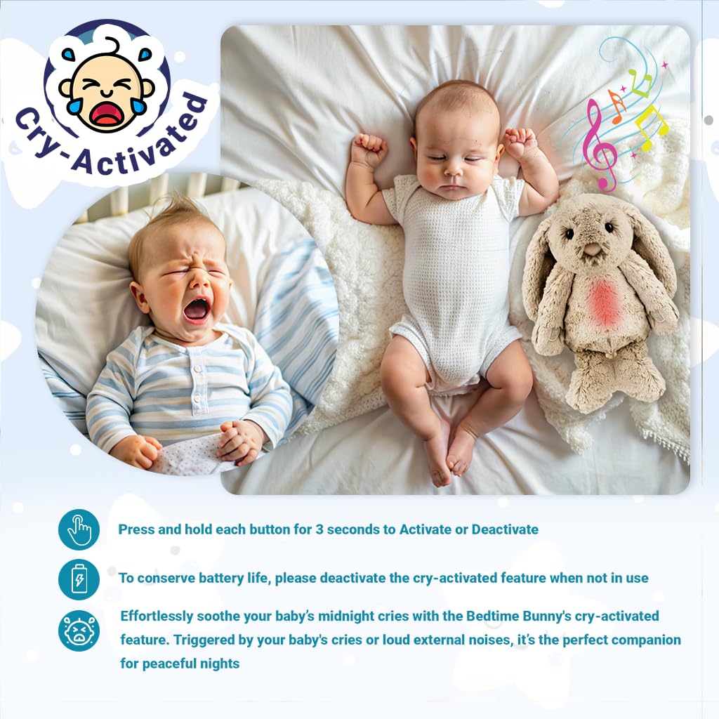 Chirpy Chums Bedtime Bunny Soother – Cry-Activated Plush Sleep Aid with Heartbeat, White Noise, Lullabies & Gentle Red Nightlight – Calming Sound Toy for Newborns & Babies (Non-Rechargeable)
