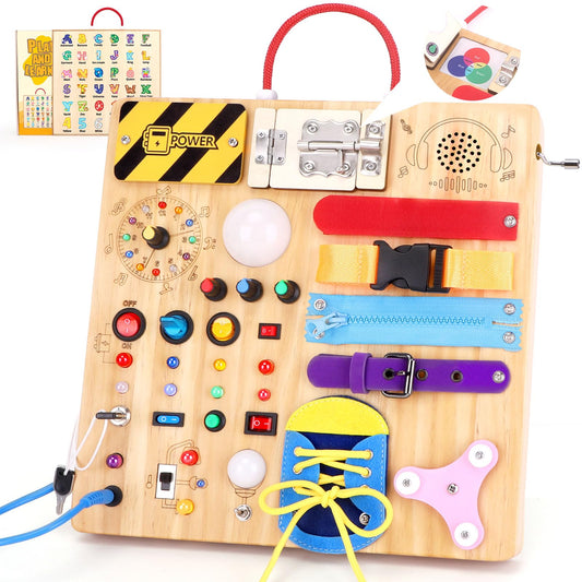 Busy Board Plus 23 in 1 Montessori Busy Board for 1 to 3 Year Old Toddlers Sensory Board with 15 Switches 26 LED Lights Music Box Locks and Zippers Ideal Travel Toy for Baby Sensory Development