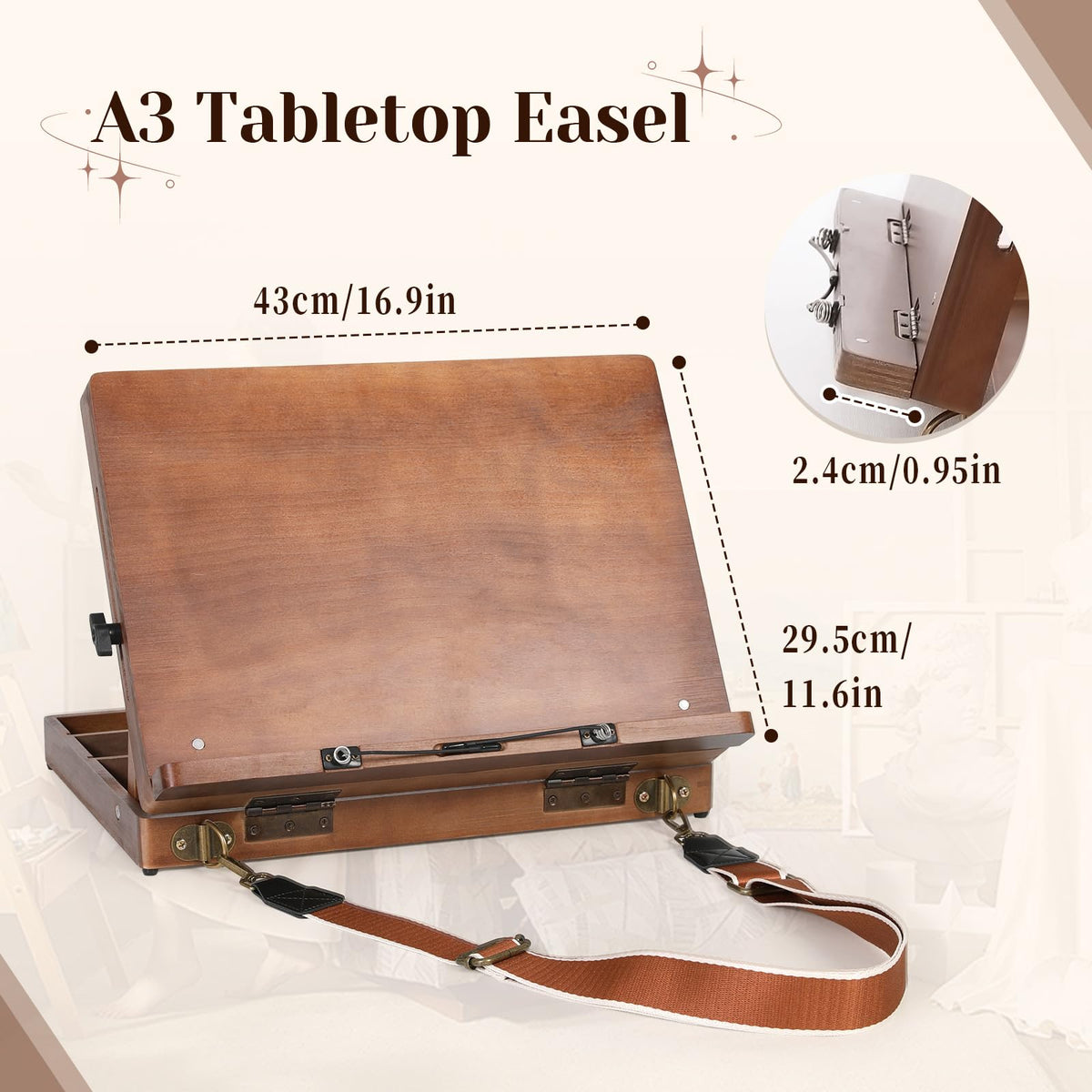 TYYIHUA A3 Tabletop Easel with Page Clips and Strap, Adjustable from 0° to 90, Portable Desktop Art Easel for Paingting for Indoor Outdoor, Wooden Drawing Board for Sketching, Book