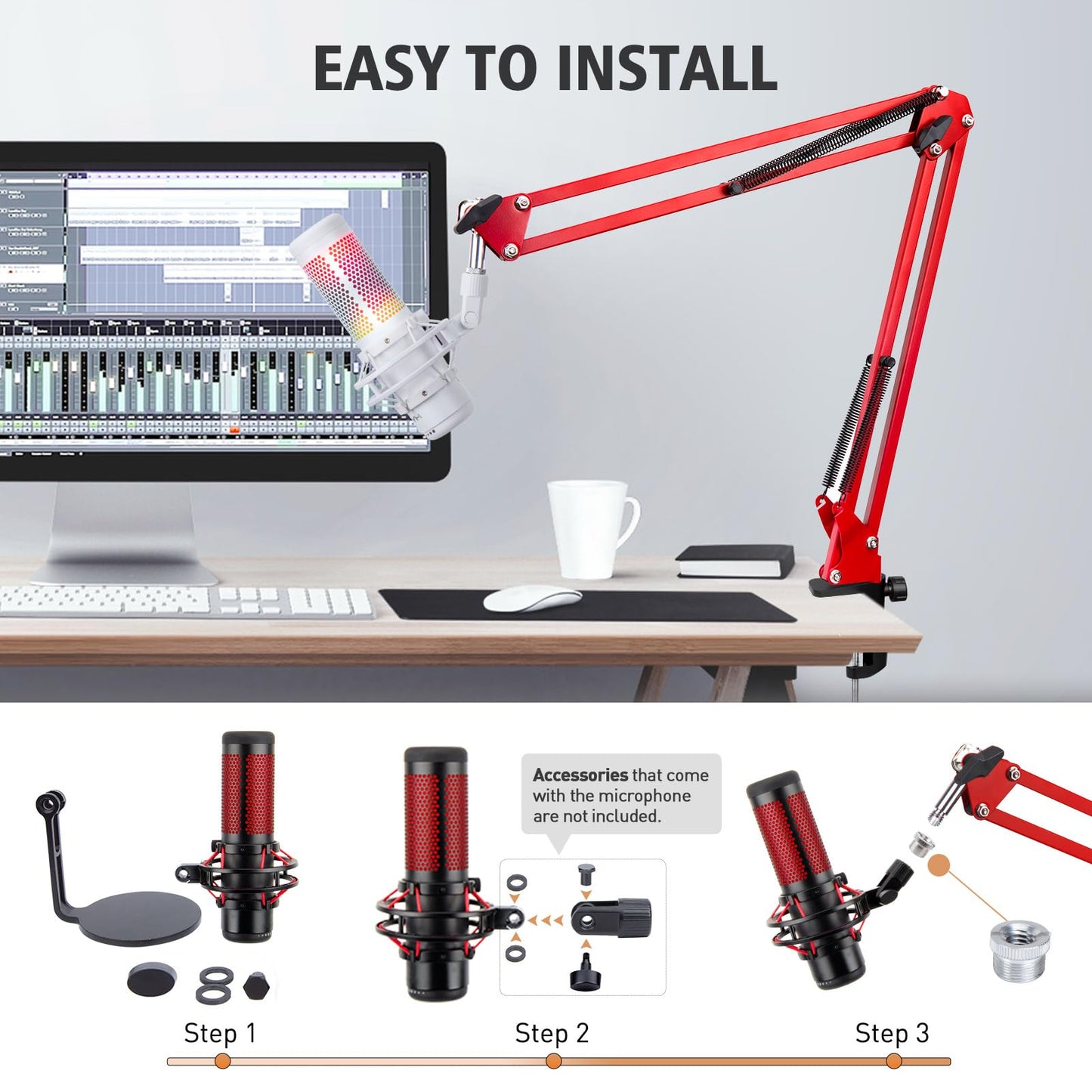 SUNMON QuadCast Boom Arm - Upgraded Red Boom Arm for QuadCast with Mic Windscreen, Sound Insulation and Noise Reduction, Microphone Arm with 3/8" to 5/8" Adapter