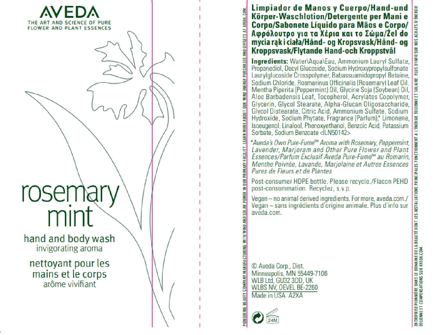 Aveda Rosemary Mint Hand & Body Wash | Liquid Hand Soap and Body Wash | with Invigorating Aroma of Certified Organic Peppermint & Rosemary, 250ml