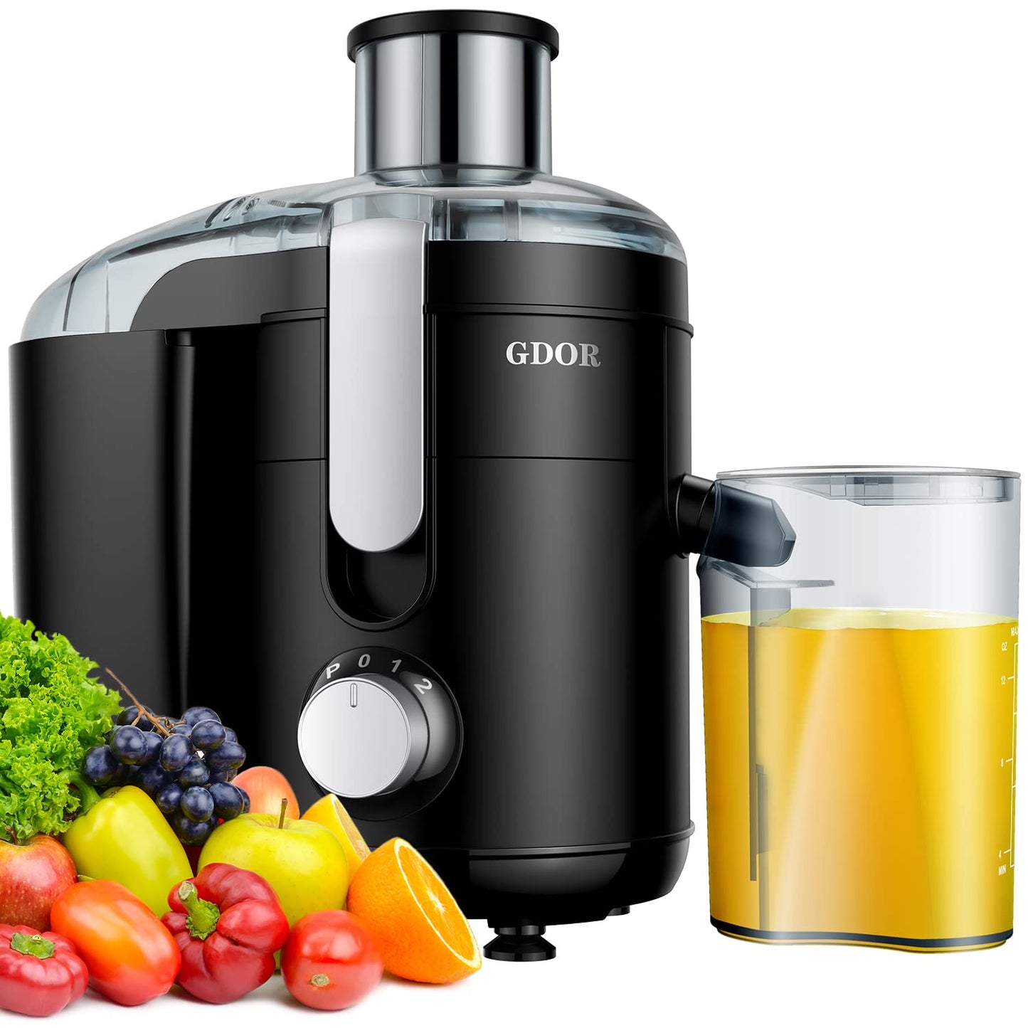 GDOR Juicer Machine, Electric Centrifugal Juicer with Titanium Enhanced Cut Disc, Dual Speeds with 2.5" Feed Chute, for Fruits and Veggies, Anti-Drip, Includes Cleaning Brush, BPA-Free Black